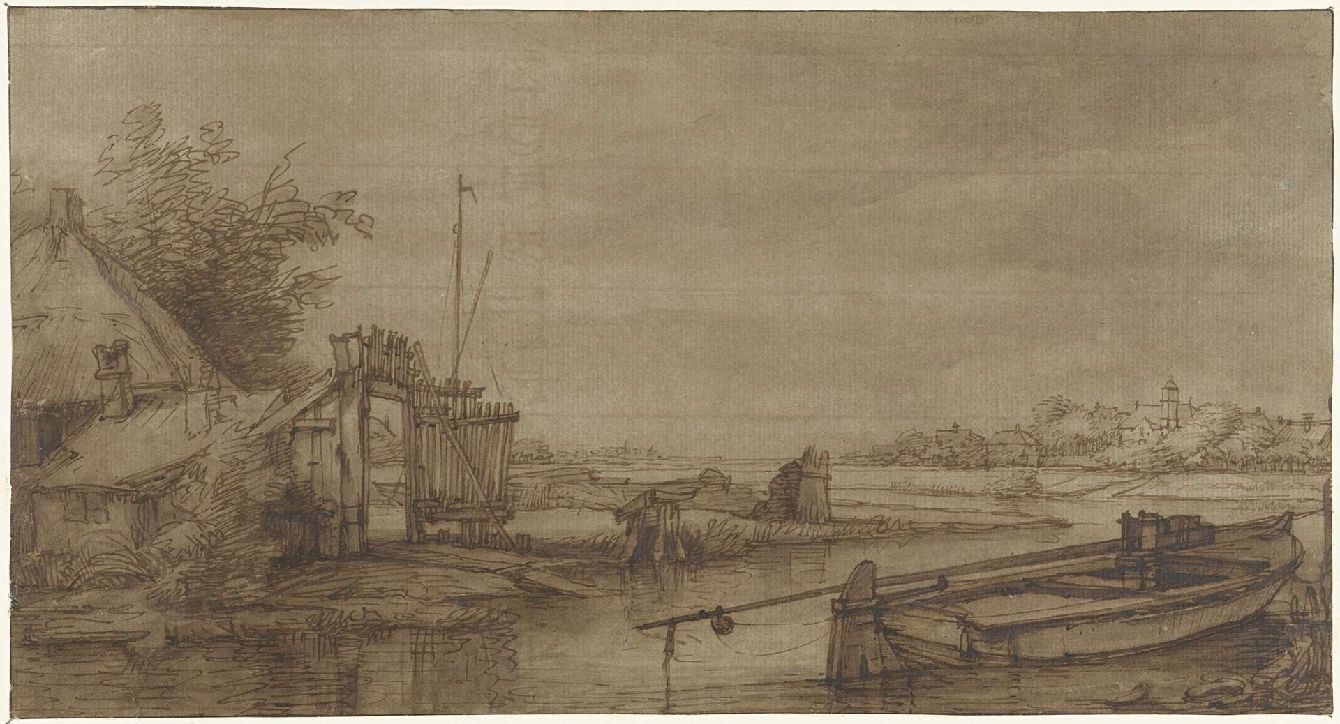 Vaartgezicht met boerderij en liggende schuit by Jan Hulswit