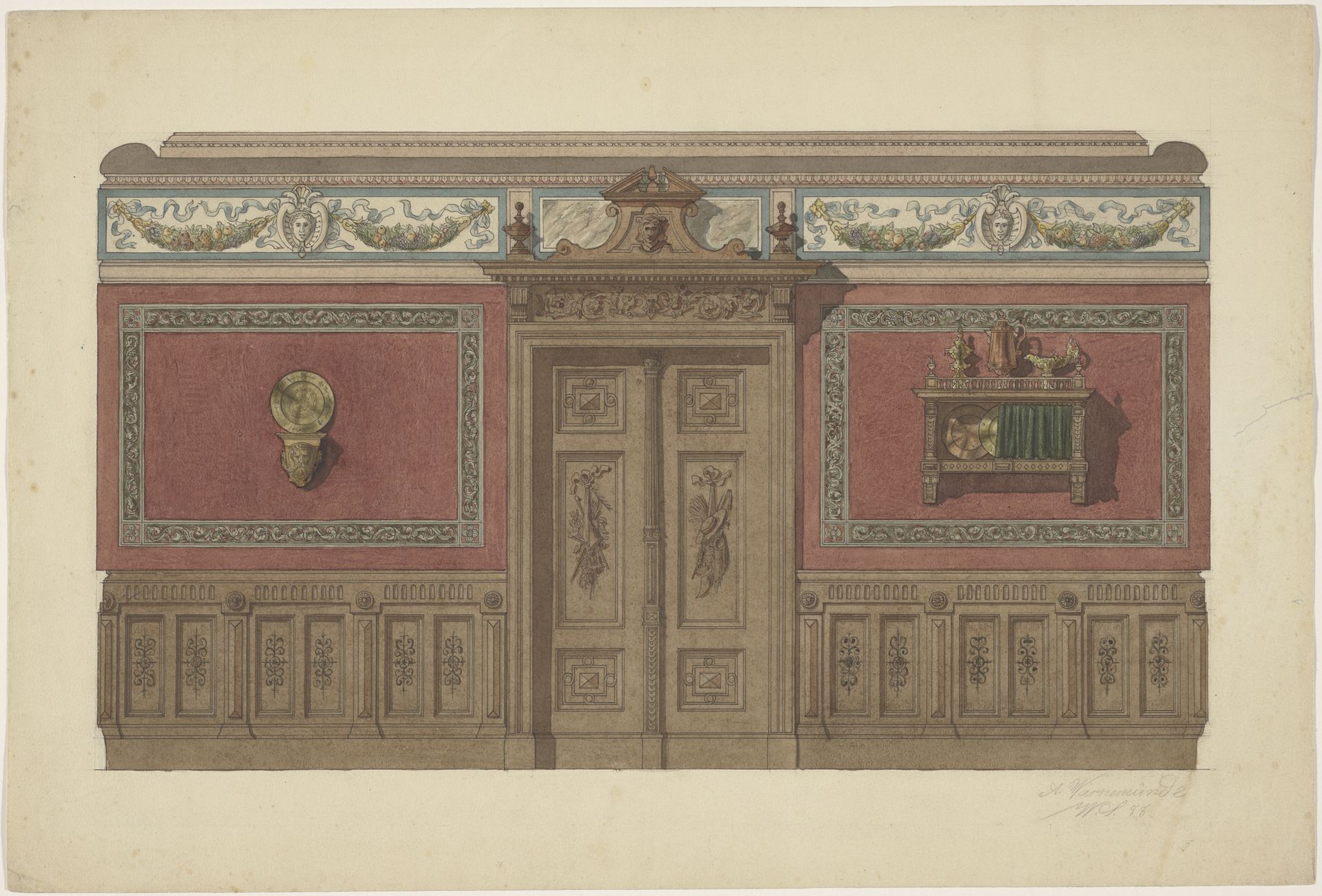 Een kamerwand in Renaissance-stijl, met een console en een wandrek by A. Warnemünde