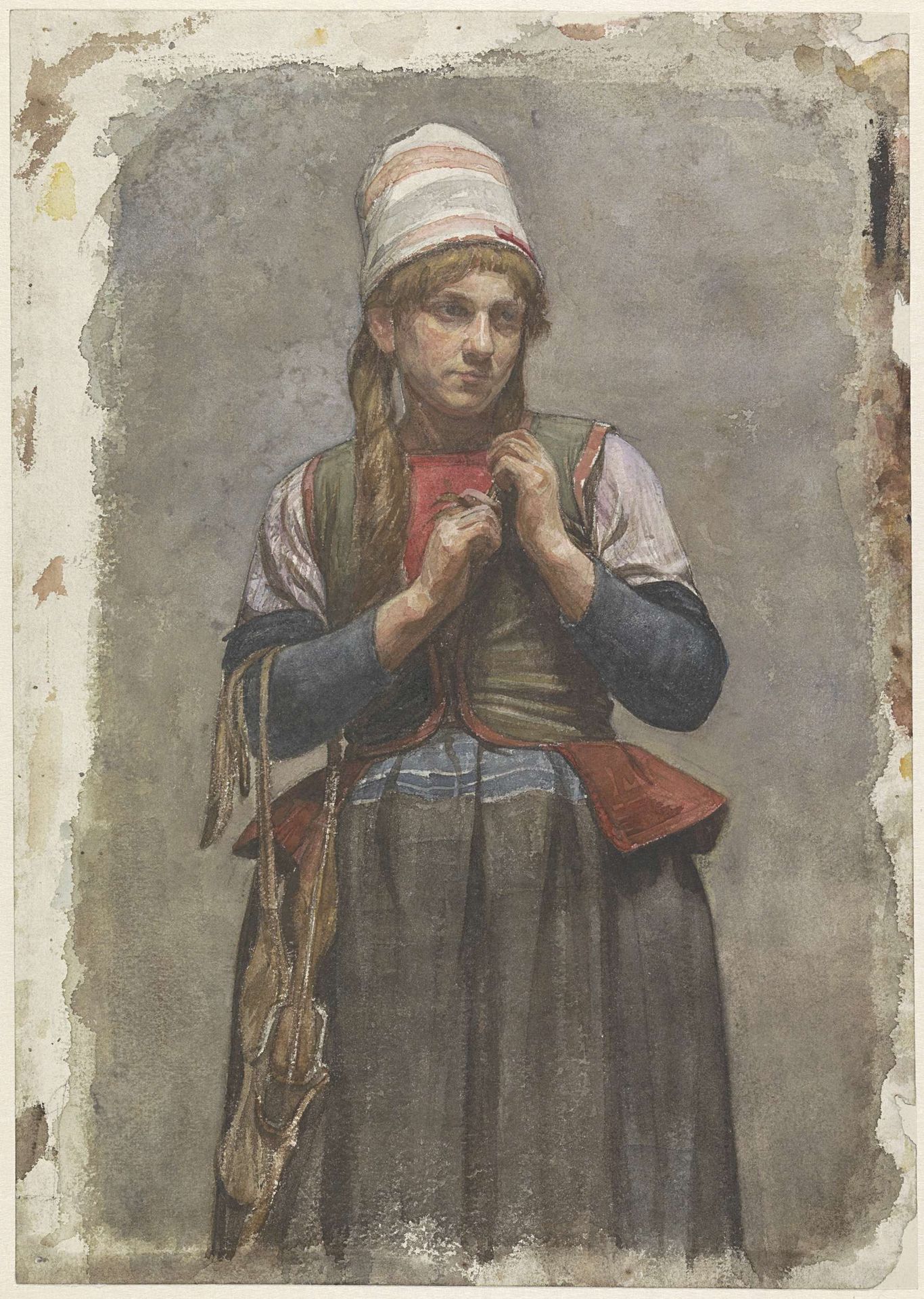 Staand meisje in klederdracht met schaatsen by Jan Veth