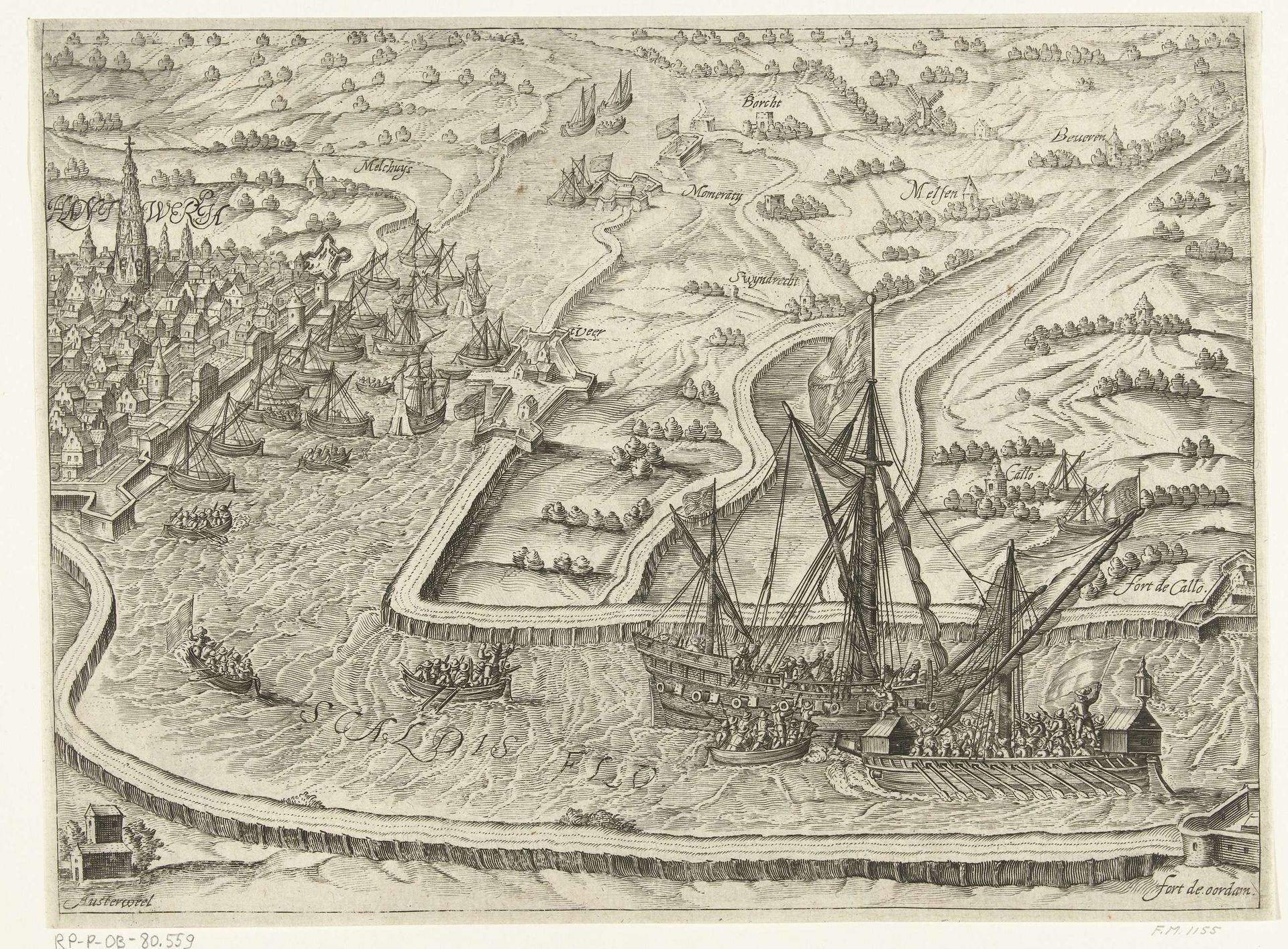 Zwarte Galei van Dordrecht overvalt Spaanse schepen voor Antwerpen, 1600 by Bartholomeus Willemsz. Dolendo