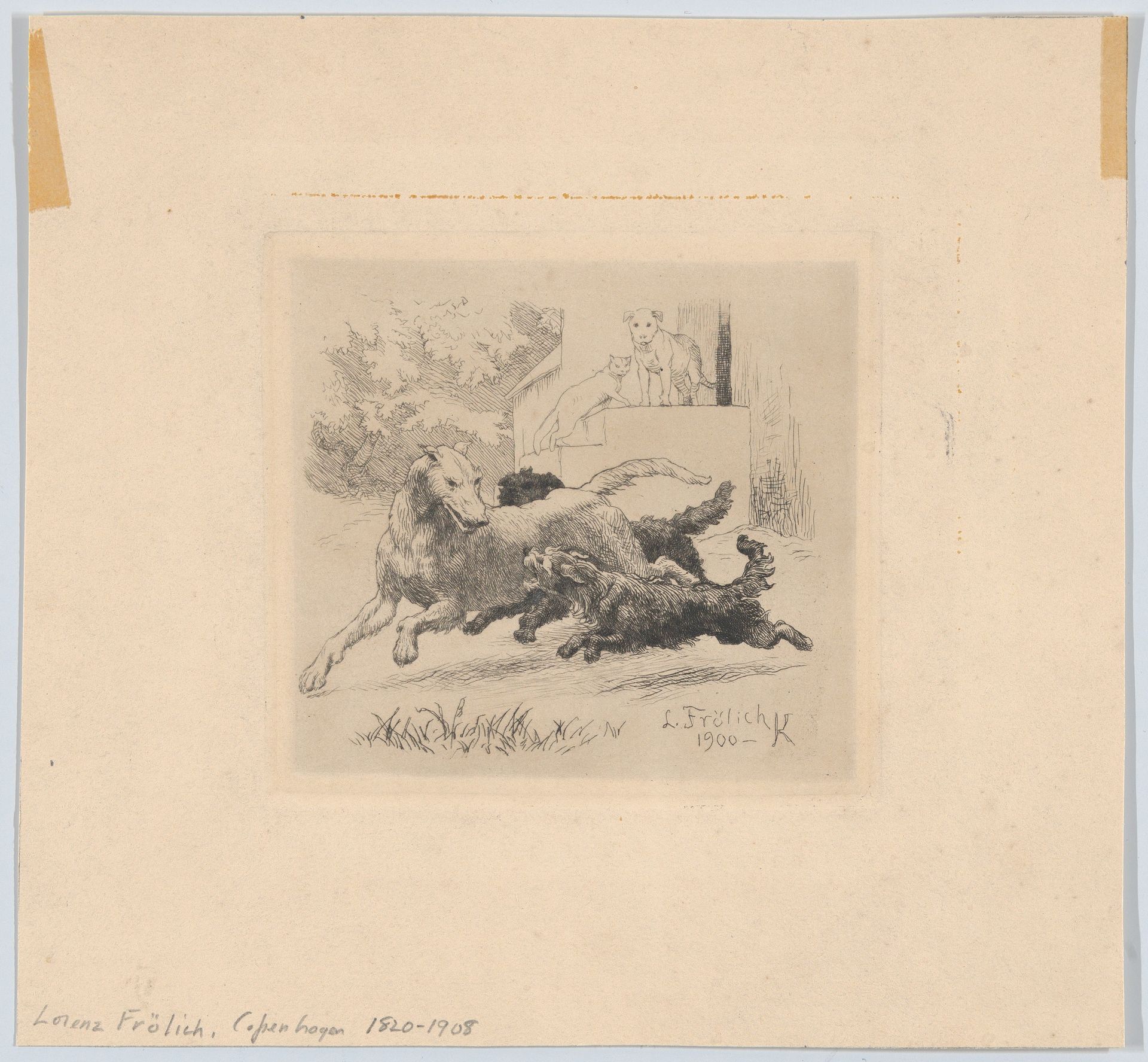 Three dogs playing at center, with a cat and a dog watching in the background by Lorenz Frølich