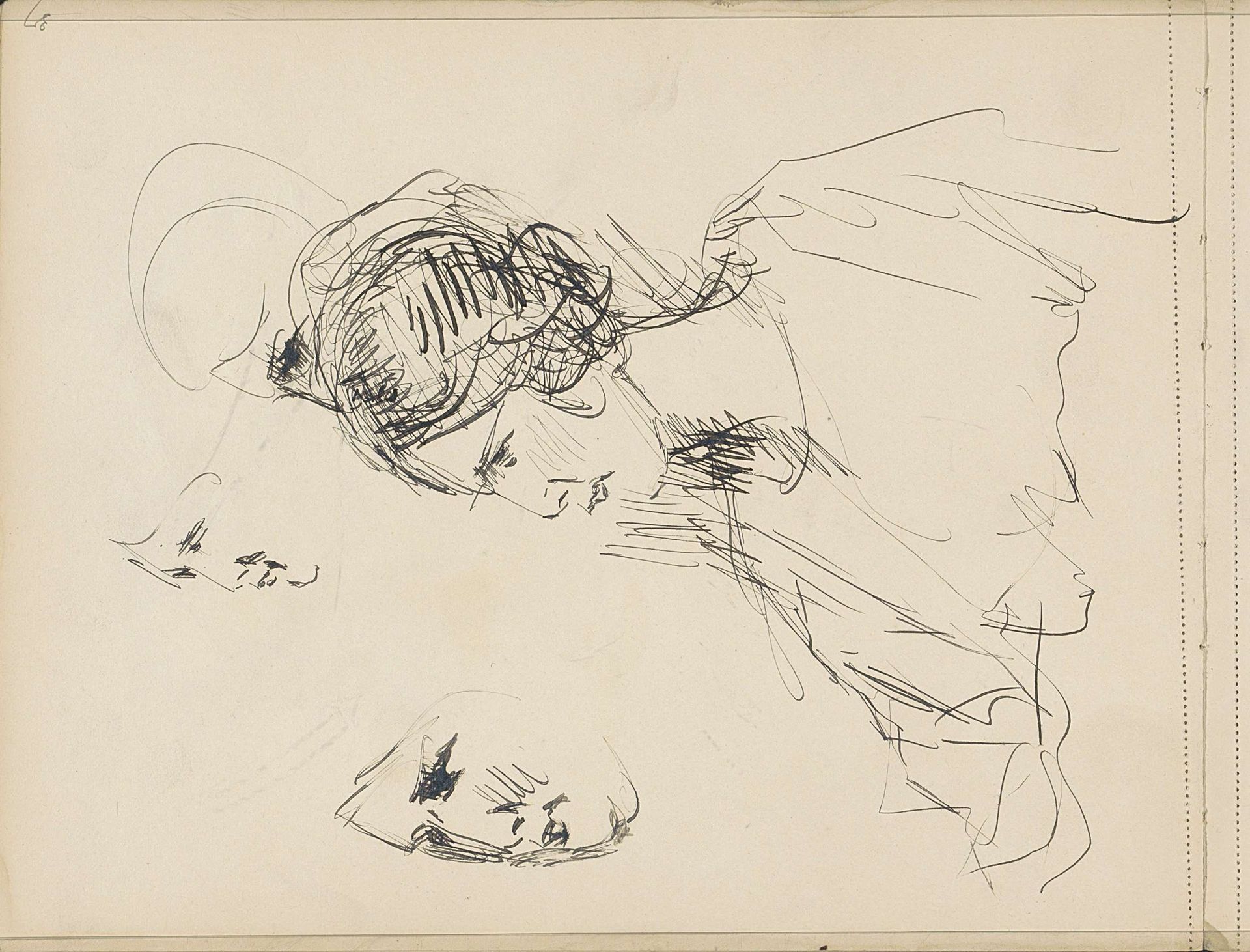 Studieblad met gezichten en een vrouwenhoofd, in profiel by Isaac Israels