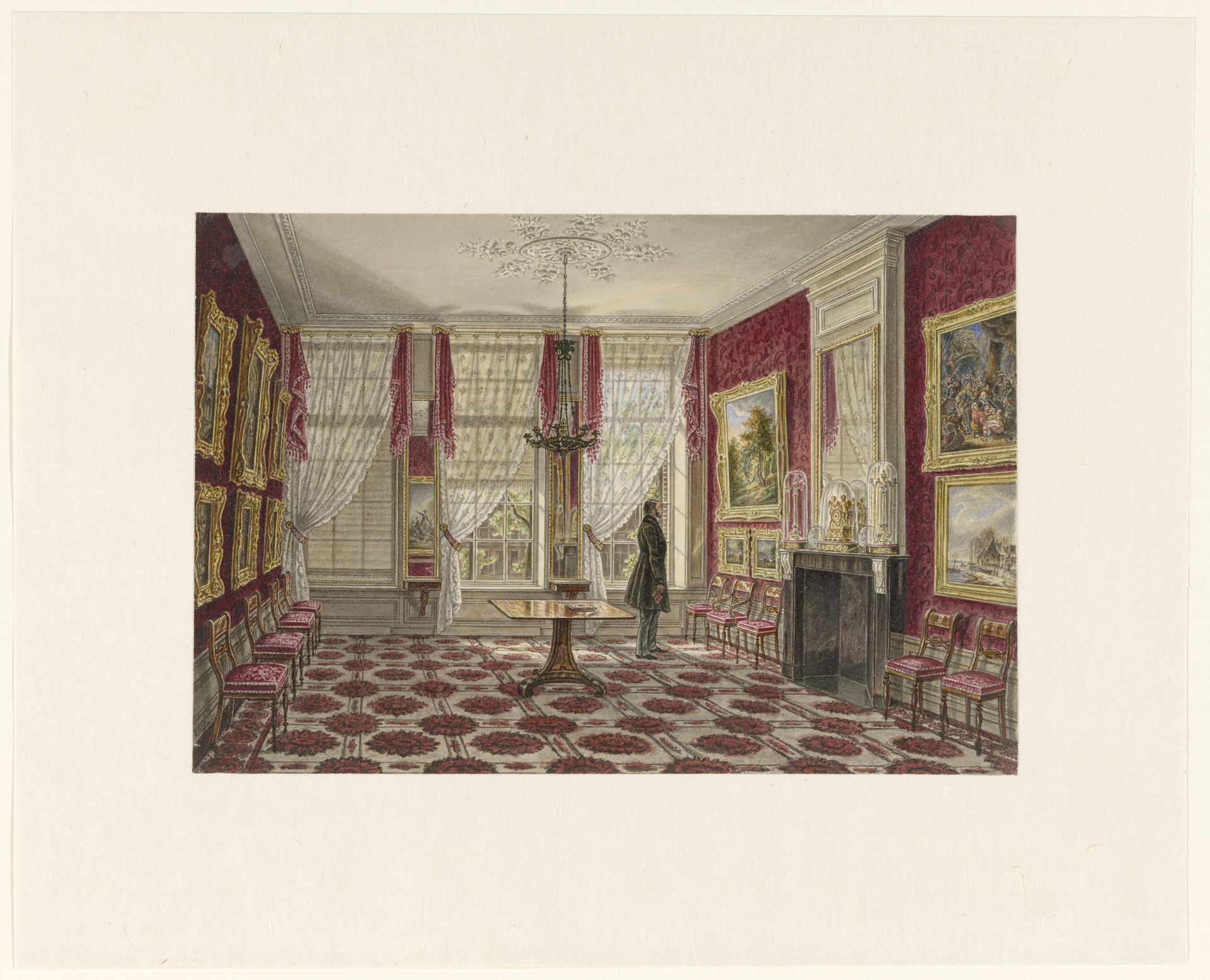 19e eeuws interieur met schilderijen en staande figuur by Augustus Wijnantz