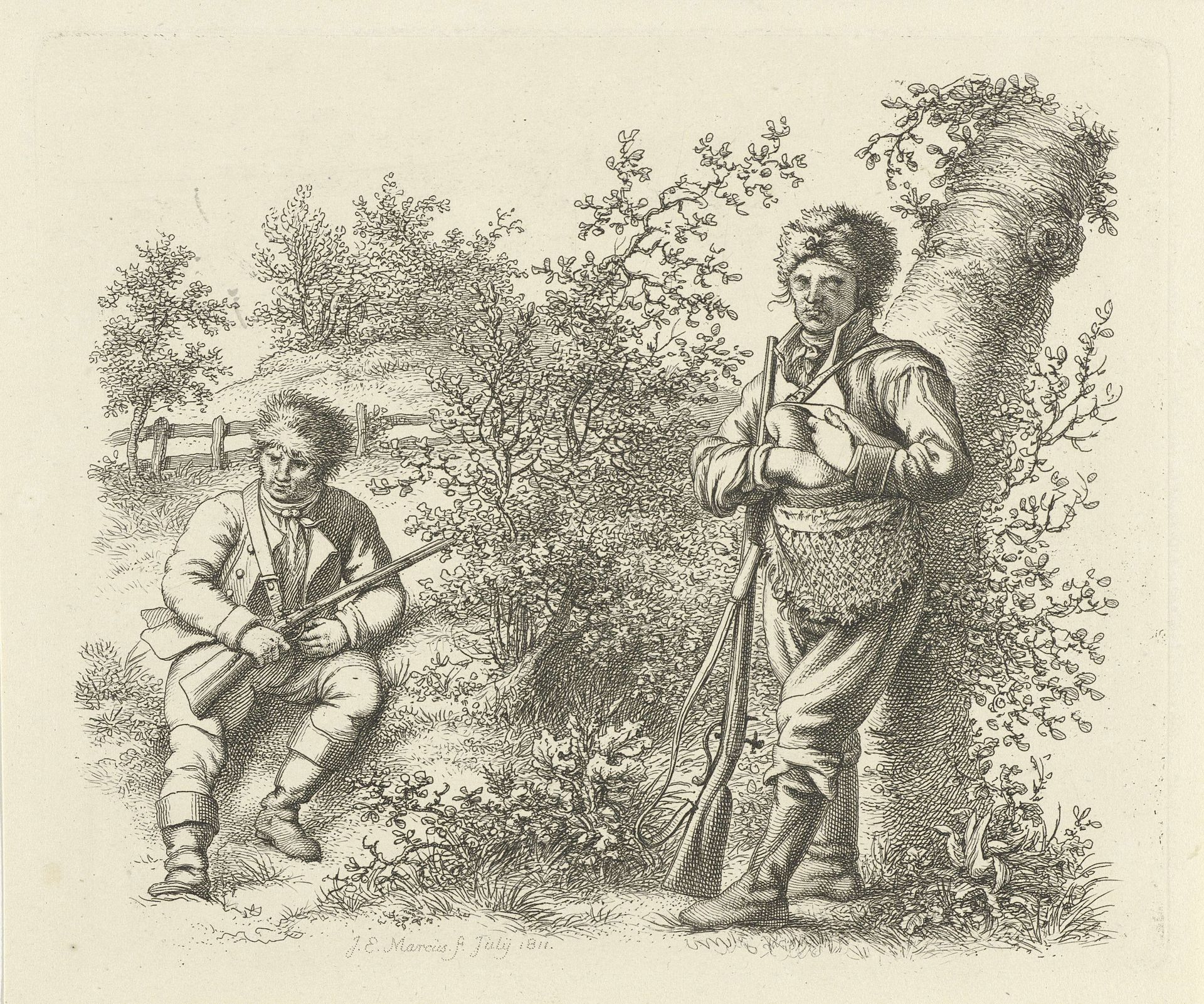 Staande en een zittende jager by Jacob Ernst Marcus