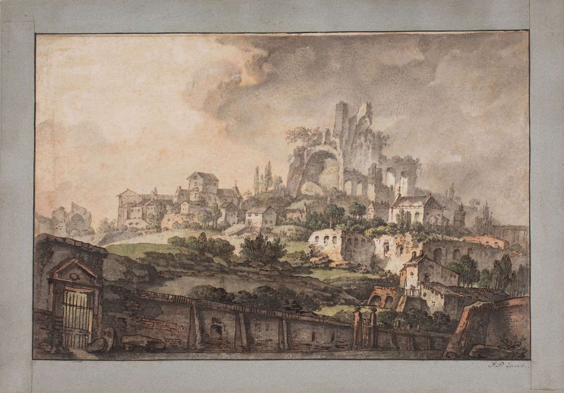 Romersk prospekt med mur i forgrunden, kirke og ruin i baggrunden by Jens Petersen Lund