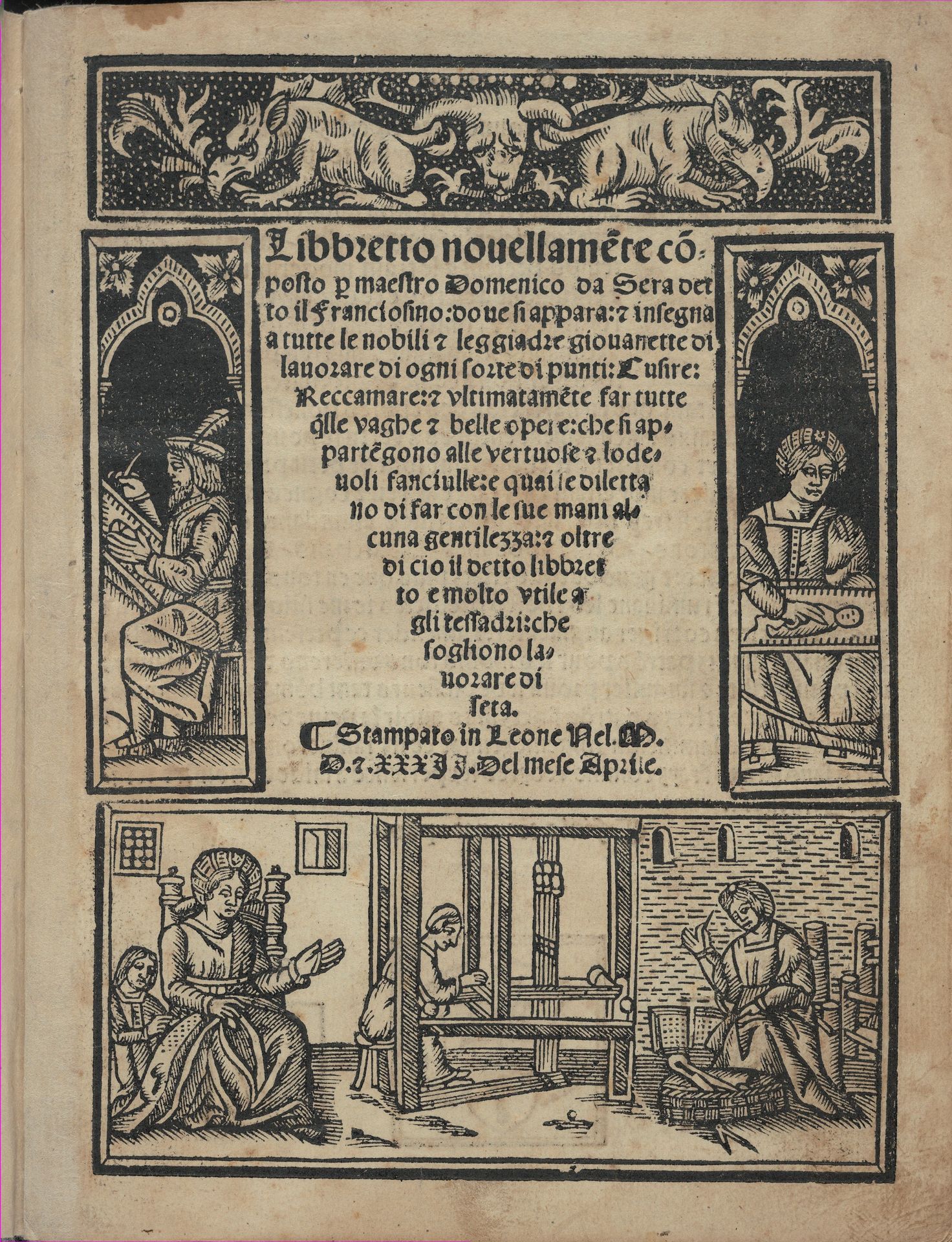 Libbretto nouellamete composto per maestro Domenico da Sera...lauorare di ogni sorte di punti, title page (recto) by Domenico da Sera