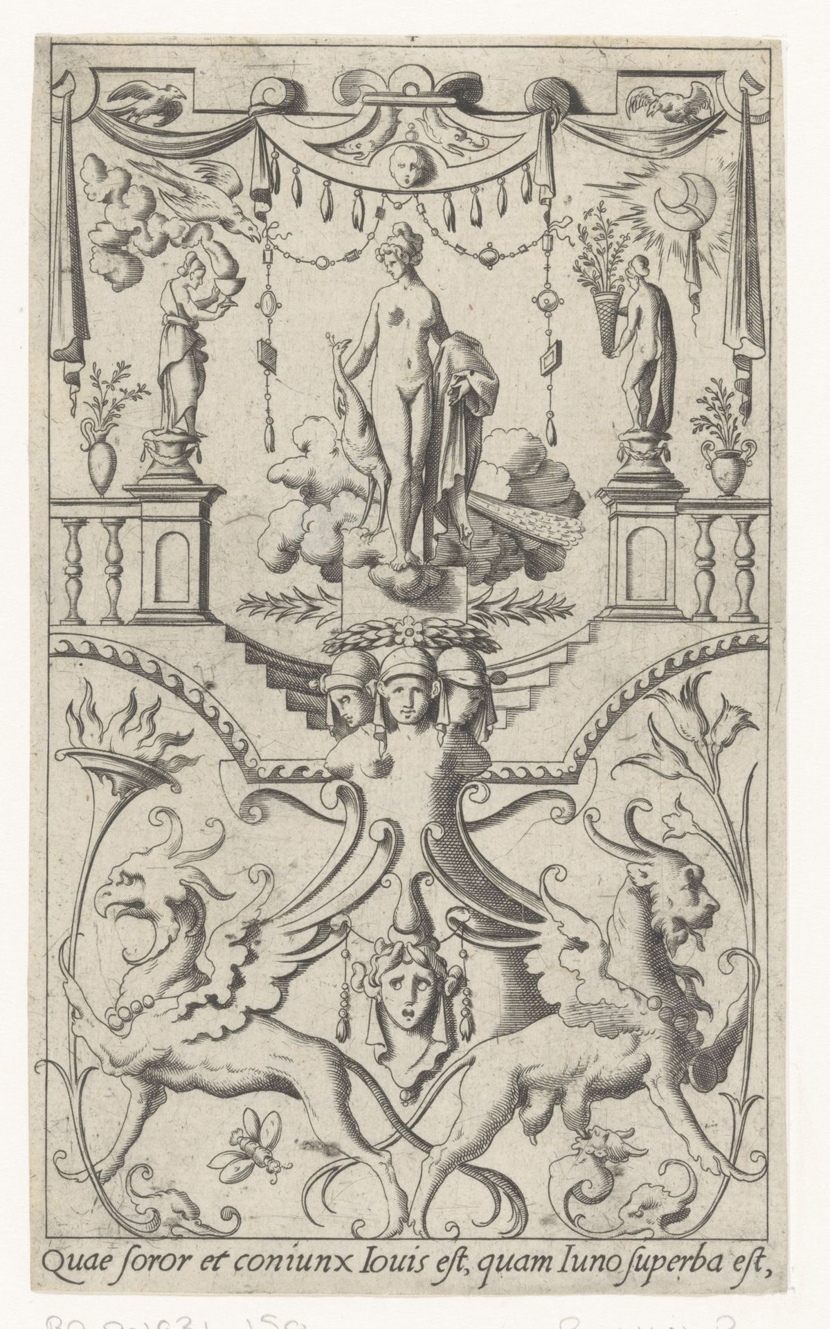 Juno met pauw, staand onder een baldakijn by René Boyvin