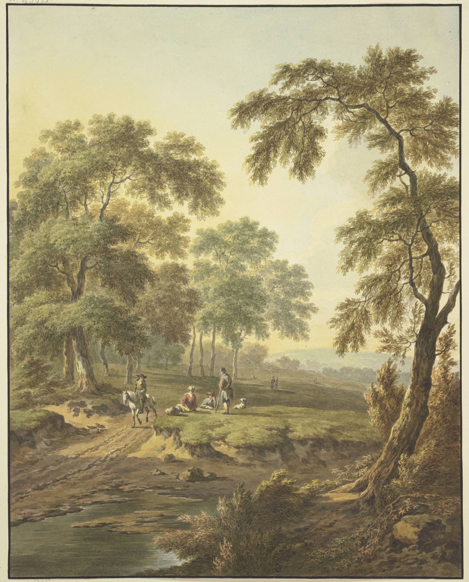 Waldwiese mit Wasser, auf dem Weg ein Reiter auf einem Schimmel, dabei einige ruhende Leute mit einem Hund by Abraham Teerlink