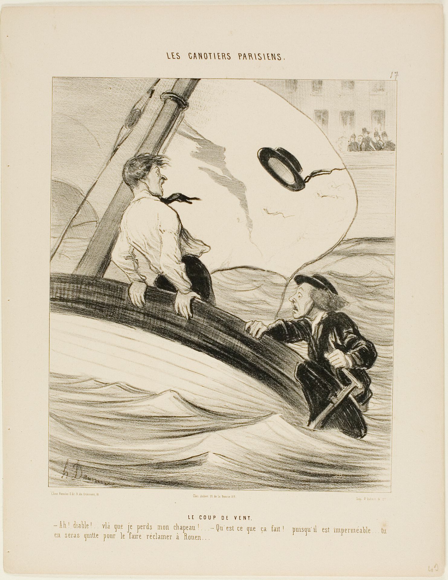 The Gust of Wind. “- Oh blast! I've lost my hat! - Don't worry.... since it is waterpoof.... you won't have a problem reclaiming it at Rouen!,” plate 17 from Les Canotiers Parisiens by Honoré Daumier