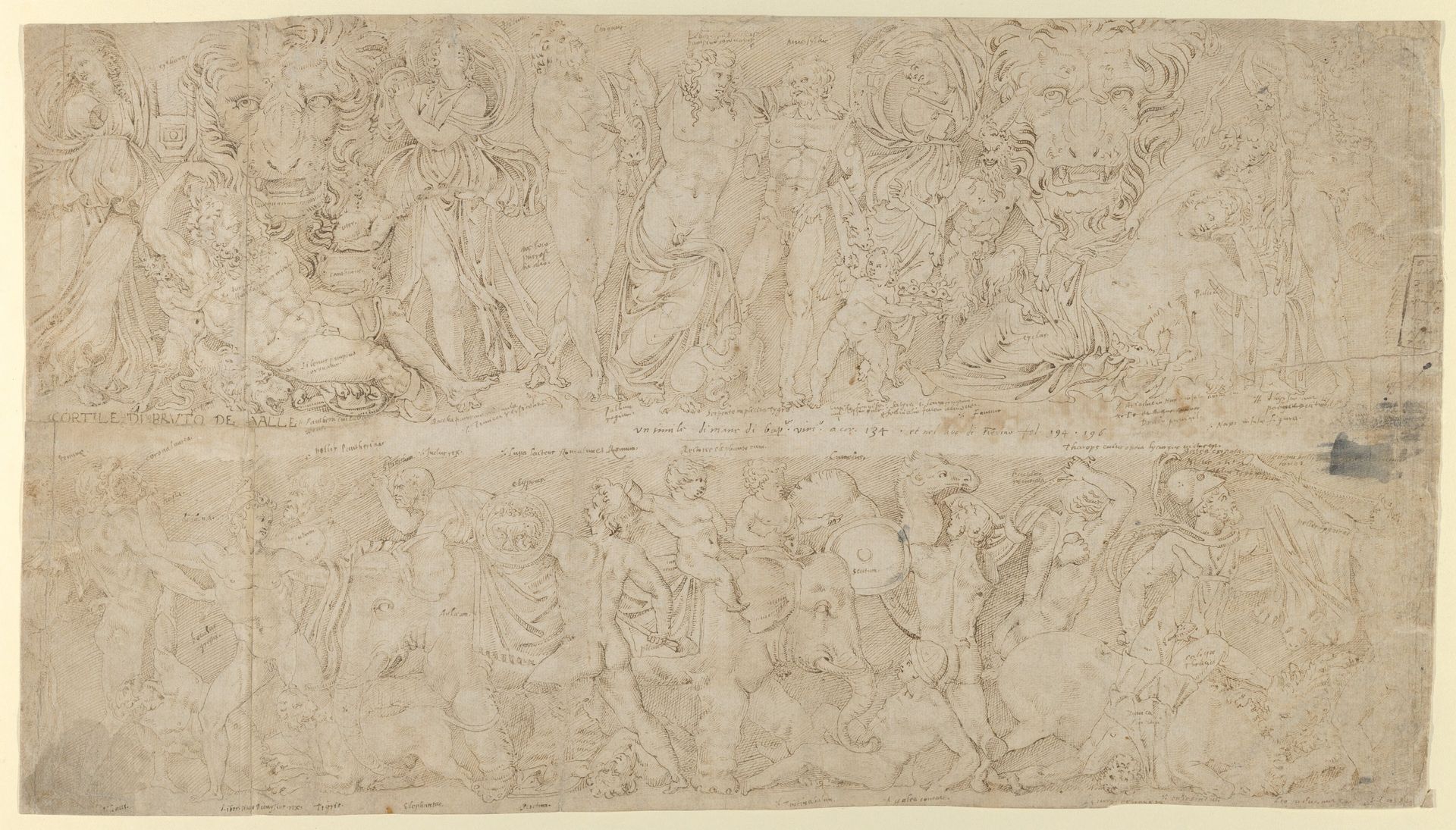 Sheet with Drawings after Roman relief decorations from objects in the Collection of Cardinal Bruto della Valle. Recto: Friezes from Roman Sarcophagi with Dyonisus; Marble Funerary Relief of Lucius Antistius Sarculo and his wife Antistia Plutia by Anonymous