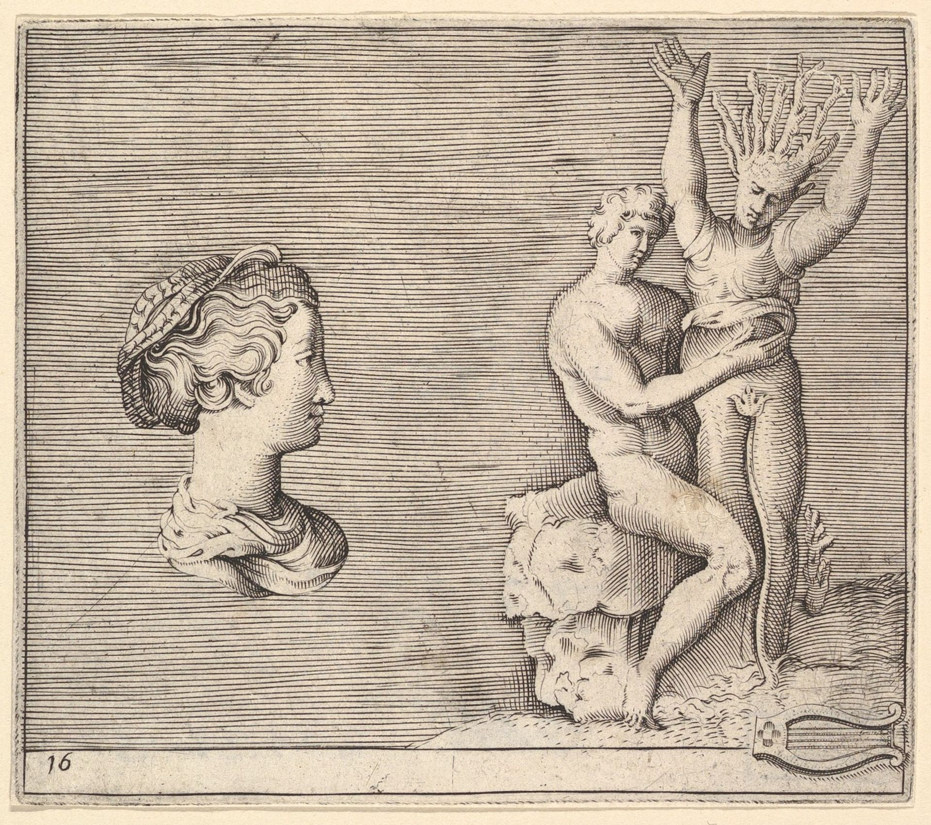 Head of Woman in Profile; Apollo and Daphne, from "Ex Antiquis Cameorum et Gemmae Delineata/ Liber Secundus/et ab Enea Vico Parmen Incis" by Anonymous