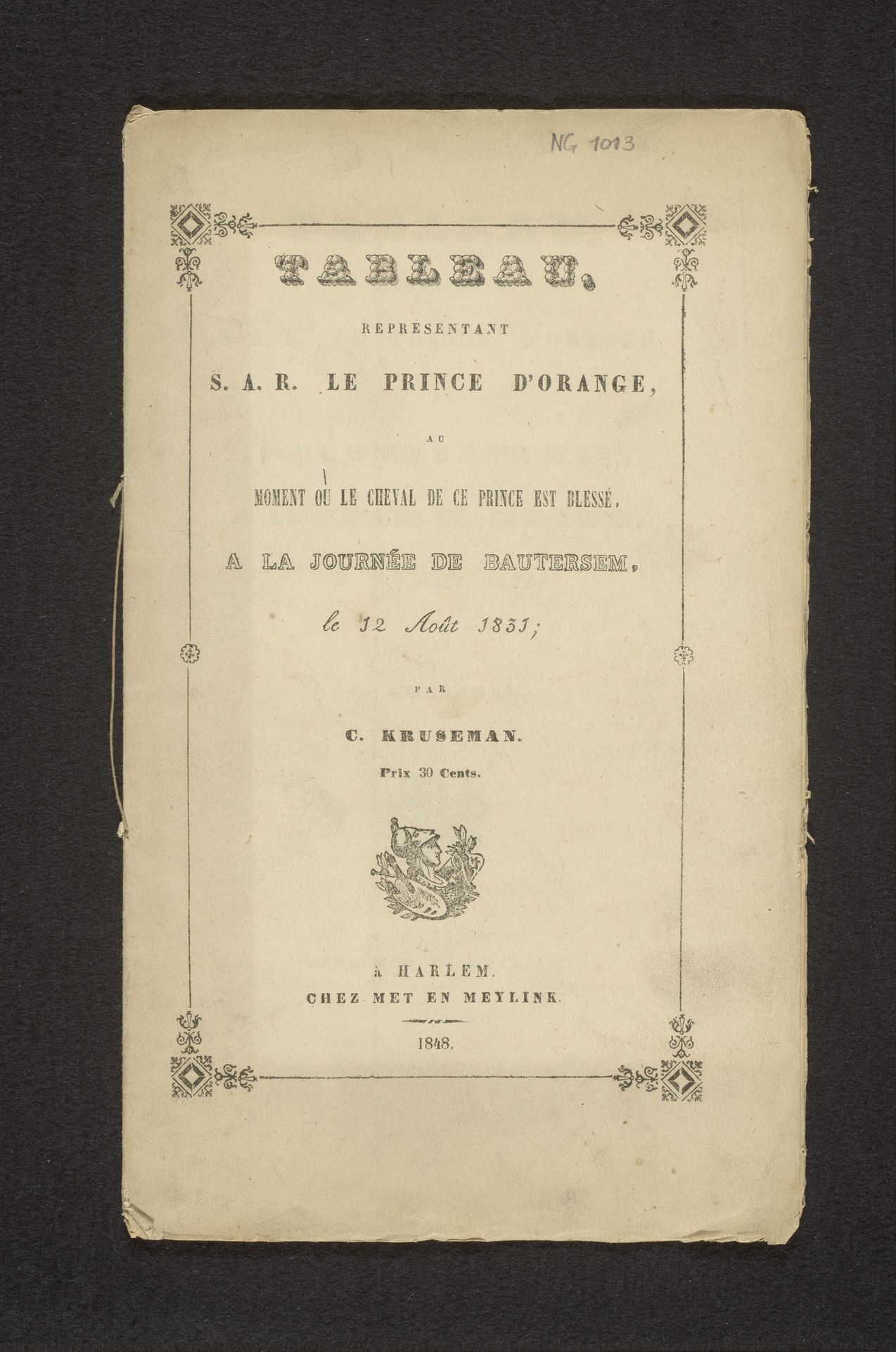 Tableau, representant S.A.R. le Prince de'Orange au moment ou le cheval de ce prince est blessé, a la journée de Bautersem... by Met & Meylink