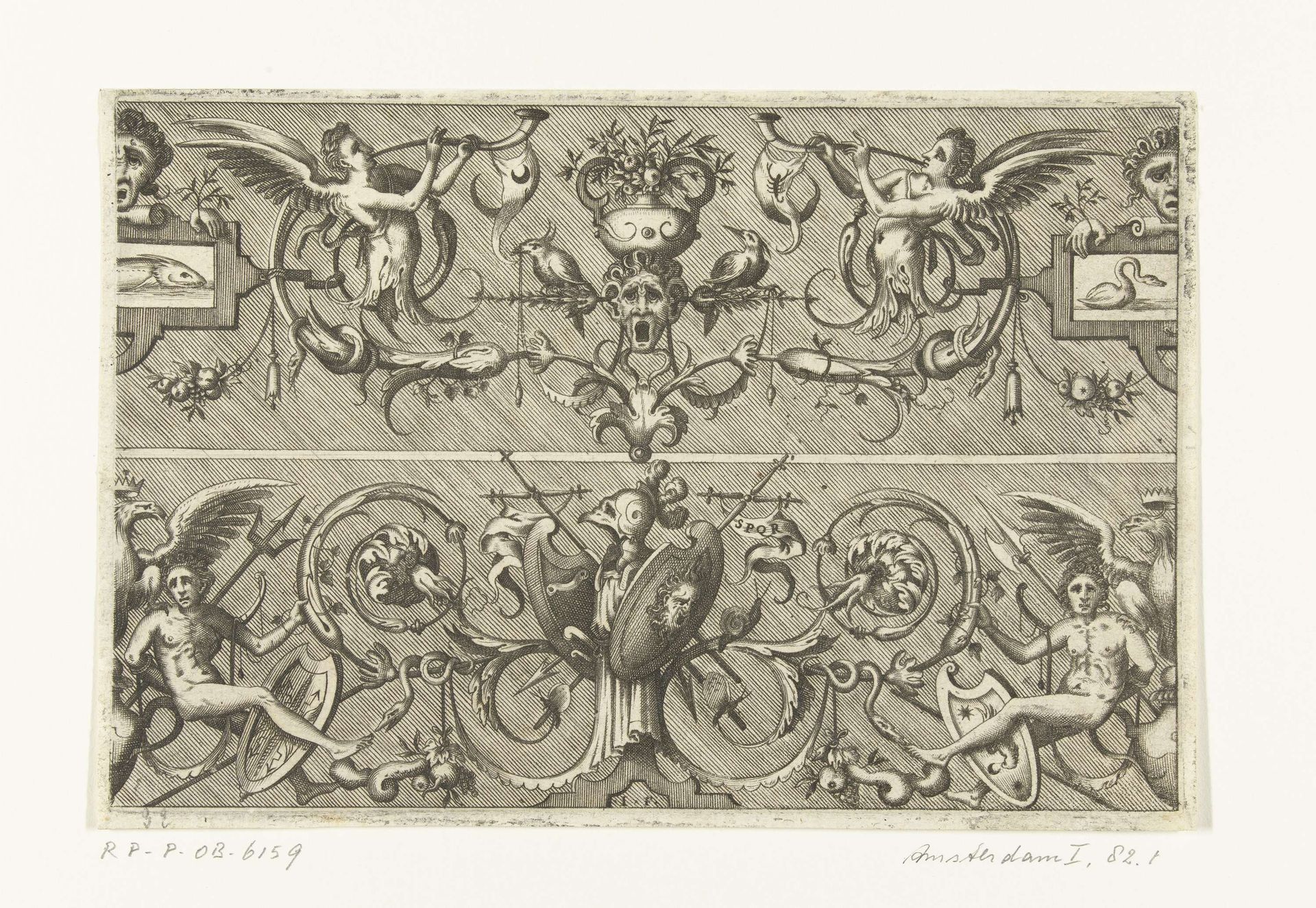 Twee friezen met grotesken boven elkaar by Pieter van der Heyden