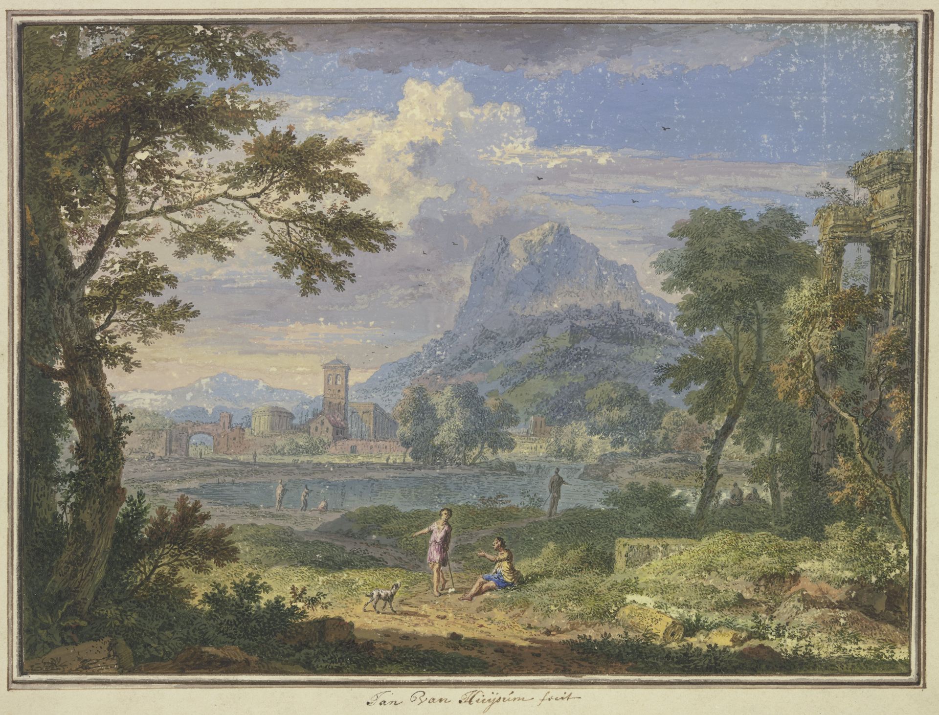Landschaft mit einer italienischen Stadt bei einem hohen Berg, rechts die Ruine eines Tempels, im Vordergrund zwei Figuren und ein Hund by Jan van Huysum