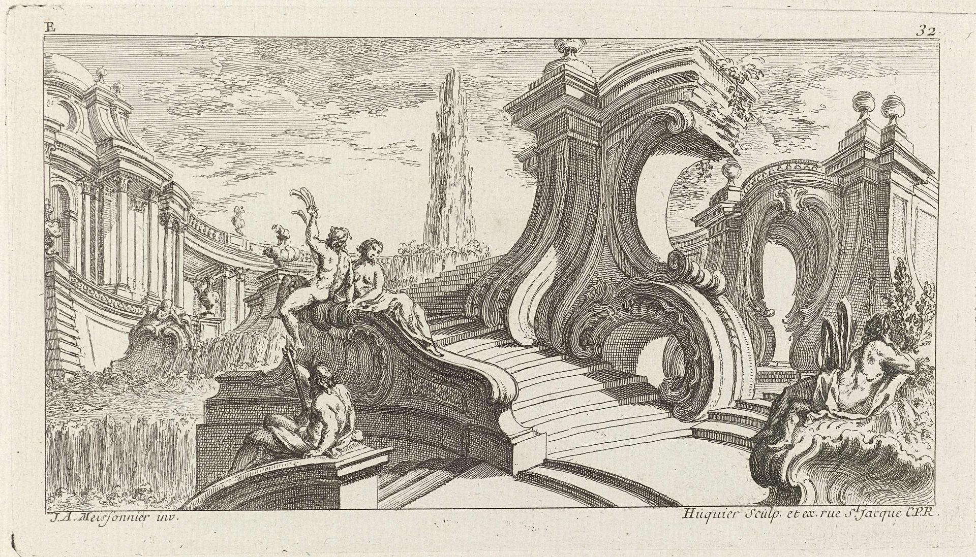 Ornament met architectuur met rocaille elementen en figuren by Gabriel Huquier