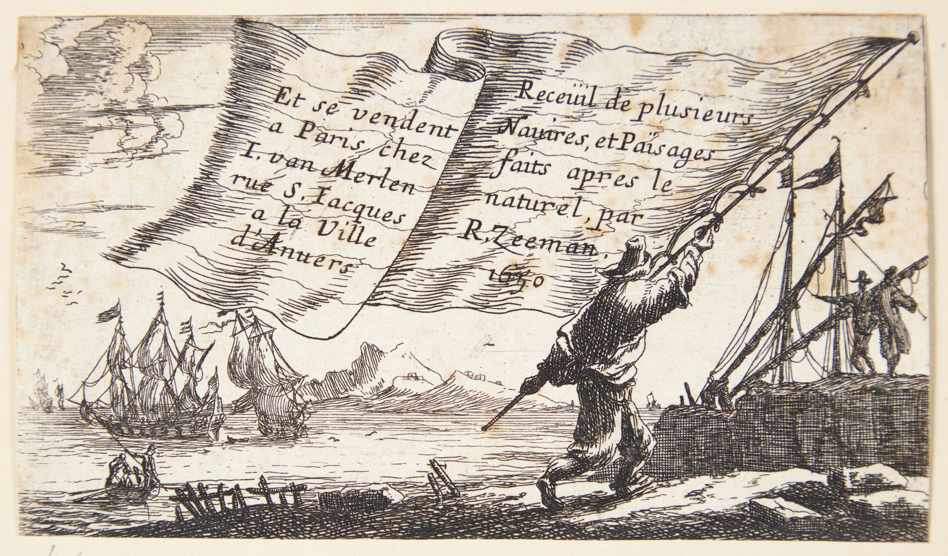 Sømand med en fane. Titelblad til "Søstykker og landskaber" by Reinier Nooms