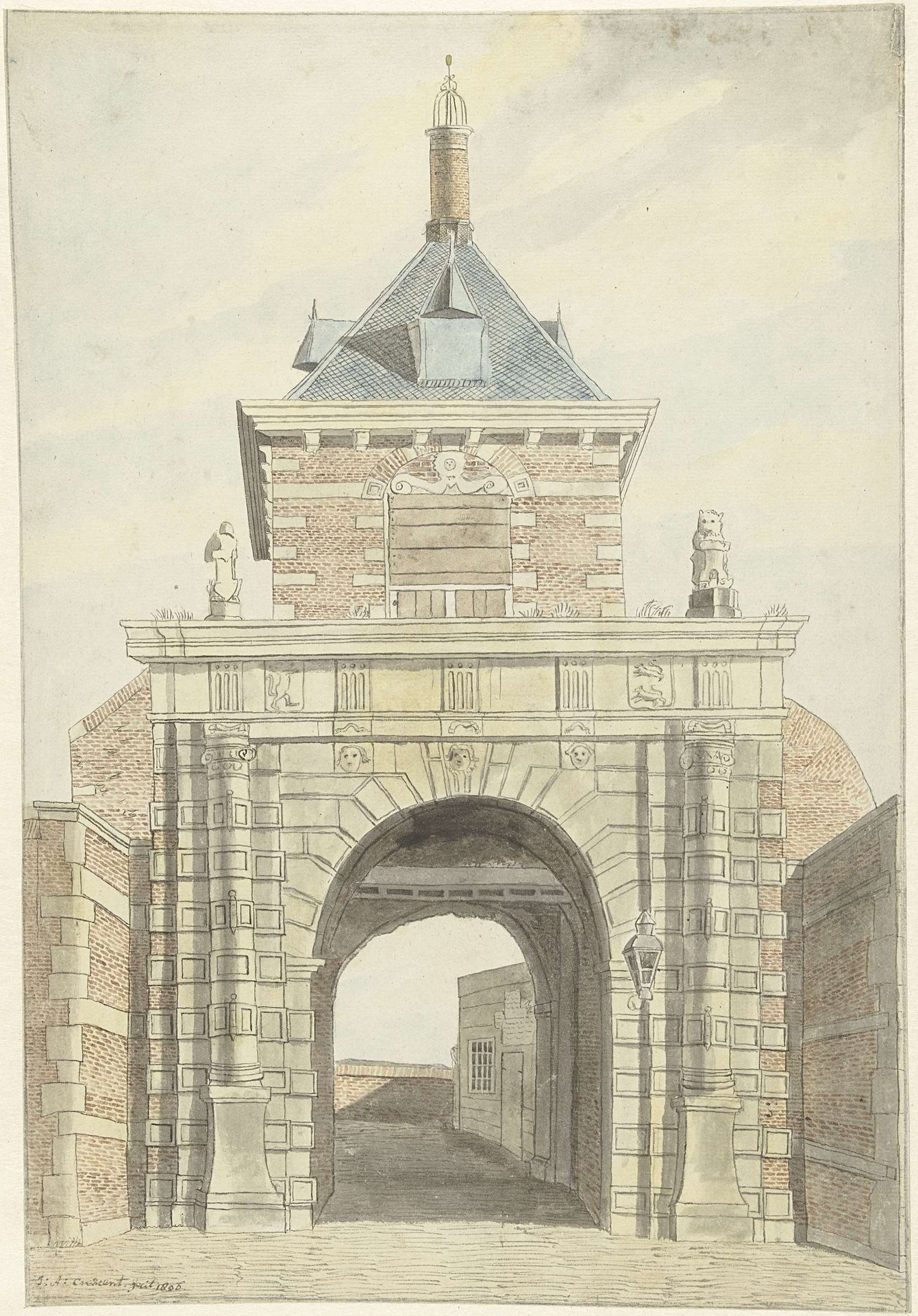Gezicht op de oude Vriesche Poort te Alkmaar, van voren by Jacobus Andreas Crescent