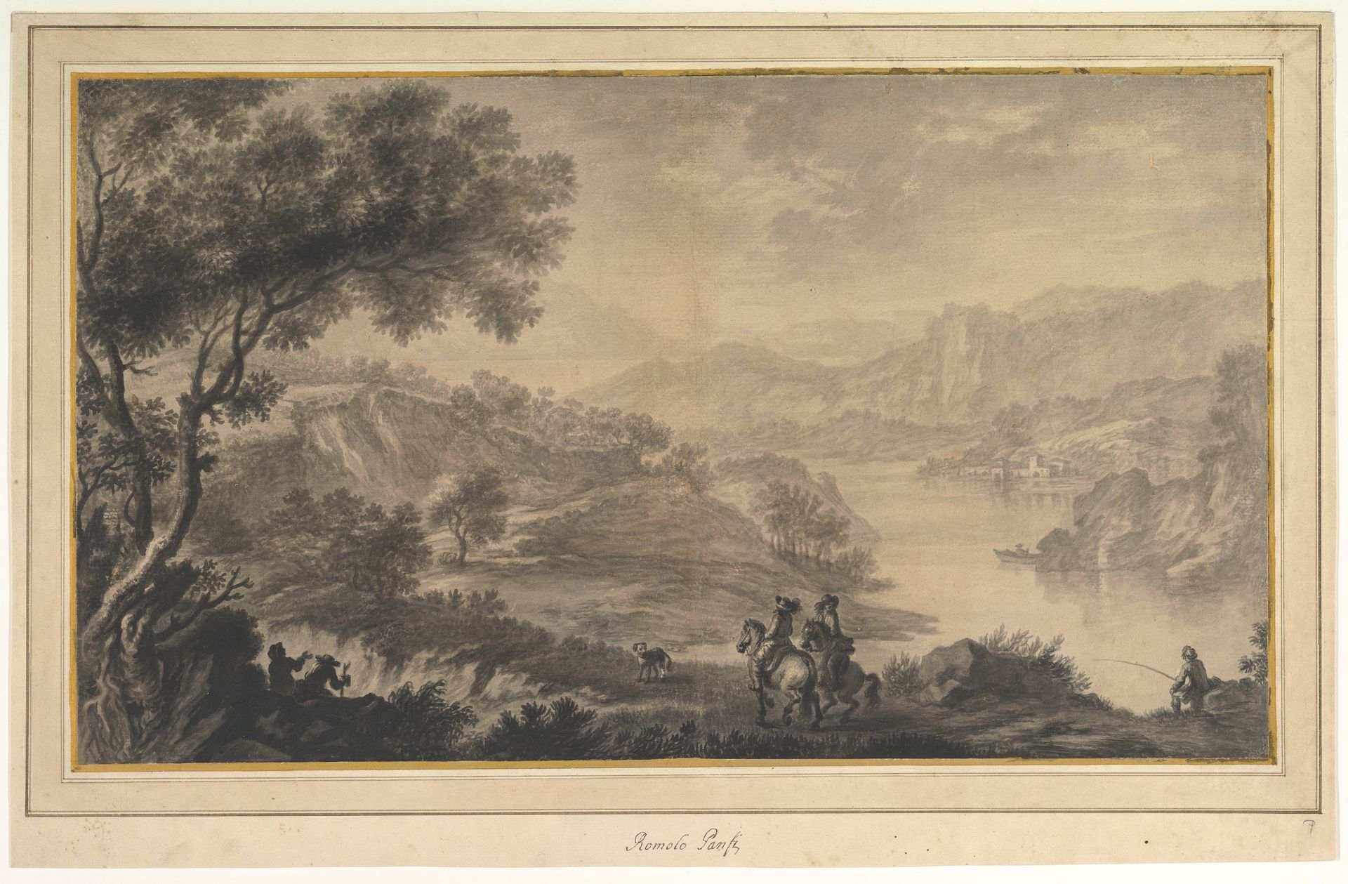 Hilly Landscape with Two Cavaliers and Other Figures in the Foreground by Romolo Panfi