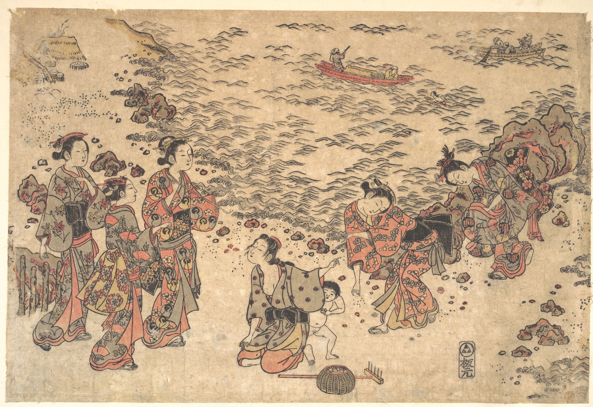 Women and a Small Boy Gathering Shells on a Beach by the Sea by Ishikawa Toyonobu