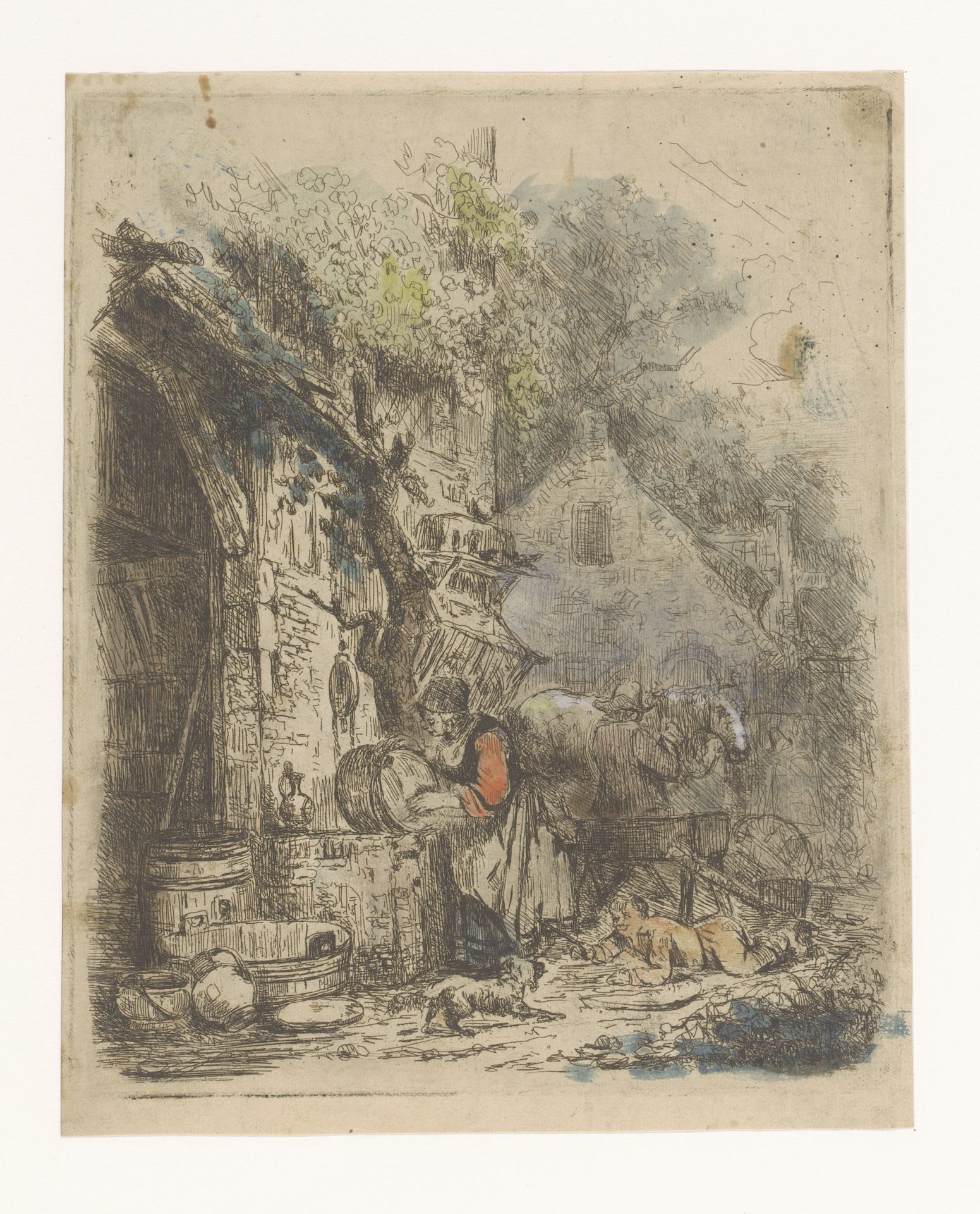 Straatgezicht met vrouw die een ketel schuurt by Adrien Joseph Verhoeven-Ball