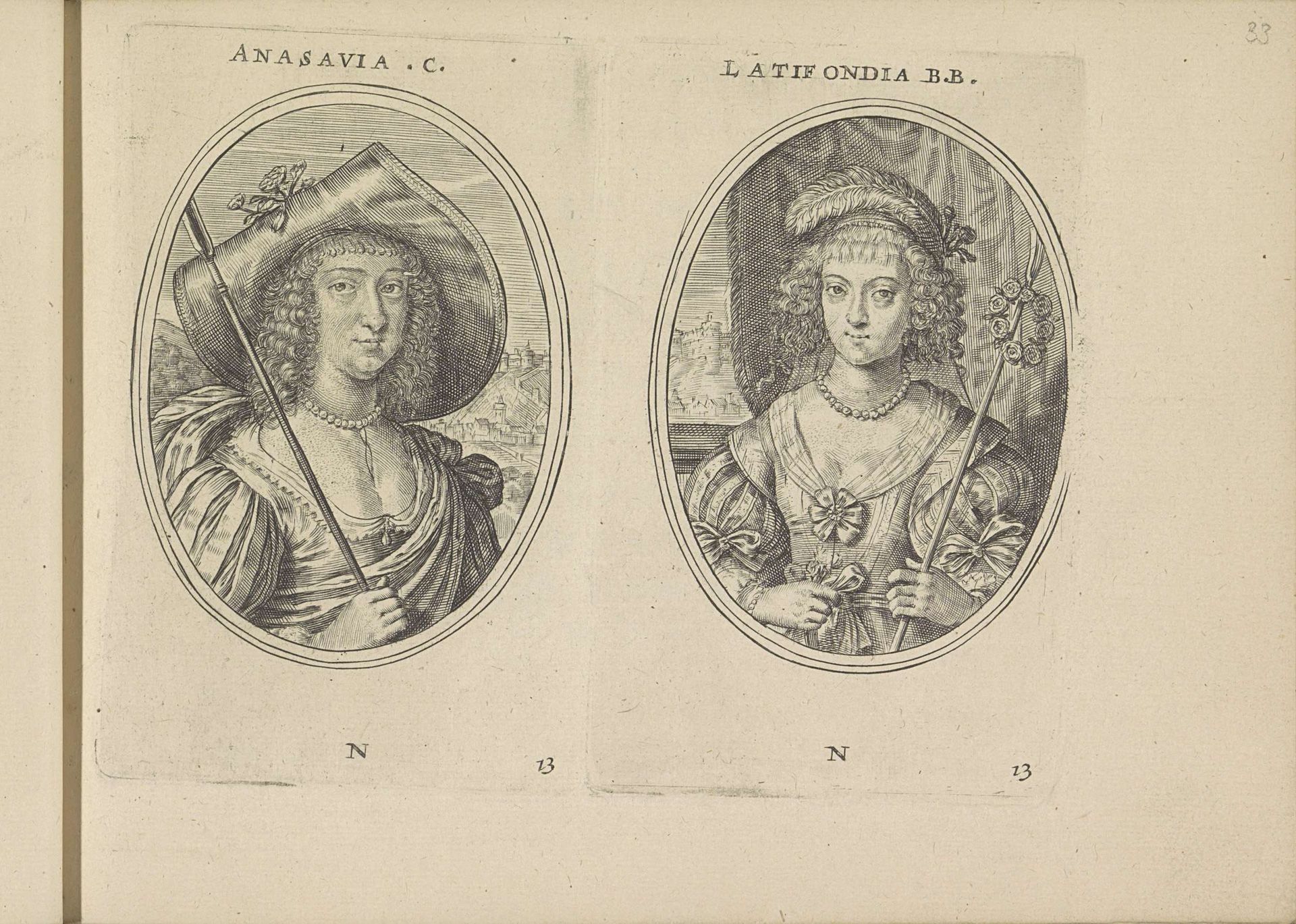 Portretten van Anna van Nassau-Siegen en barones van Brederode, beiden als herderin by Crispijn van de (II) Passe