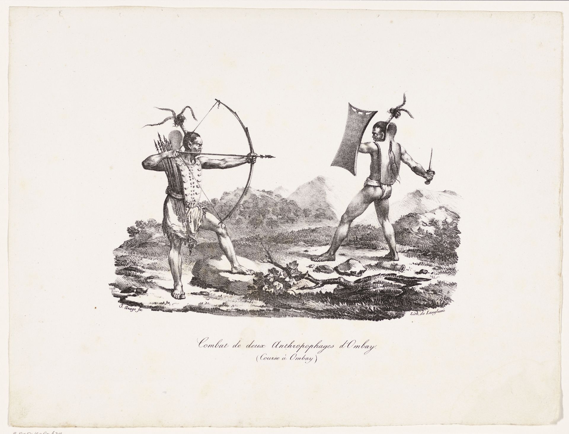 Gevecht tussen twee krijgers van Ombay in Indonesië by Jacques Etienne Victor Arago
