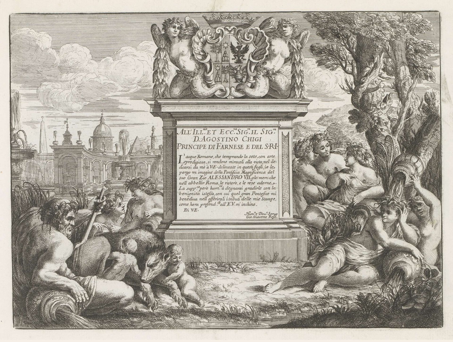 Opdracht aan en wapen van Agostino Chigi en gezicht op Rome by Cesare Fantetti