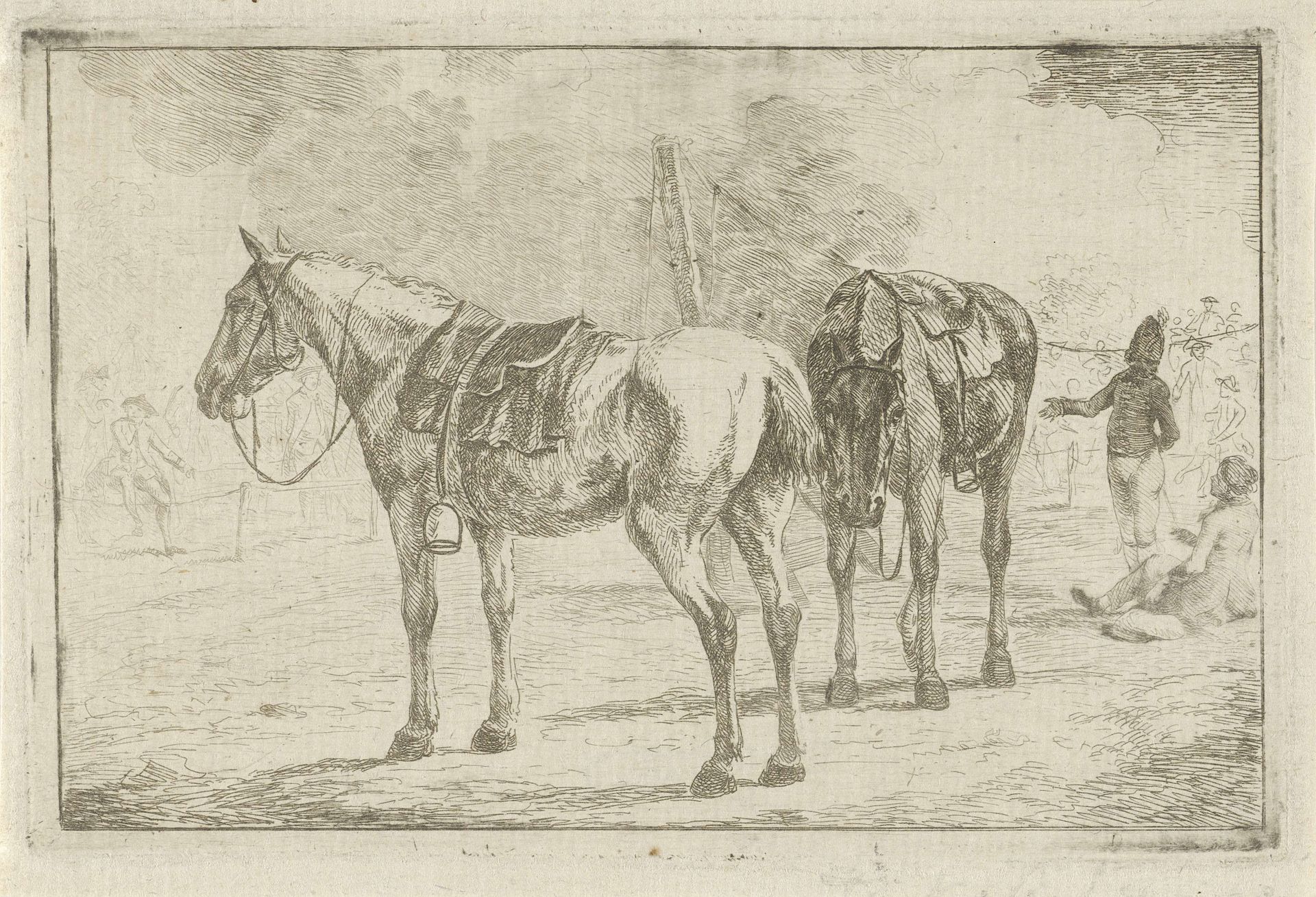 Twee gezadelde paarden bij een legerkamp by Dirk Langendijk