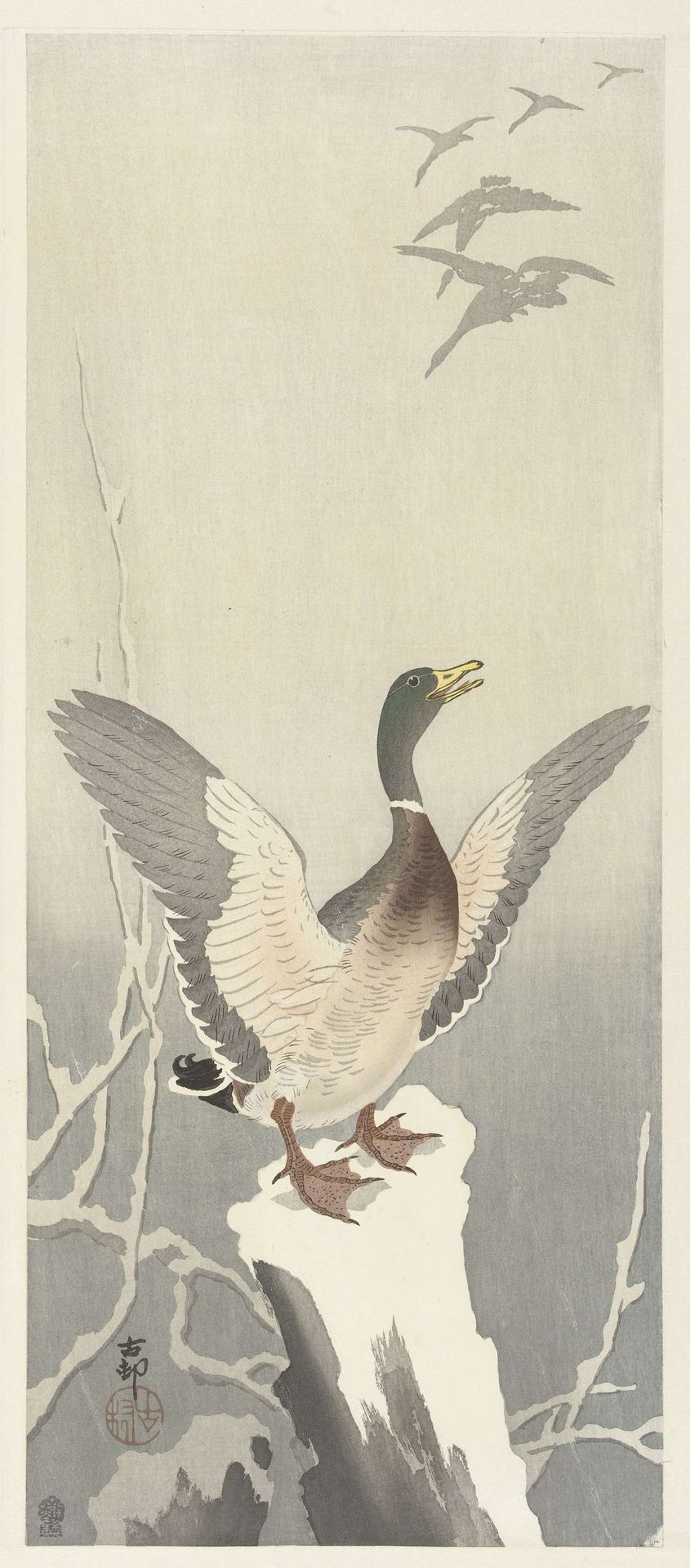 Eend op besneeuwde boomstronk by Ohara Koson