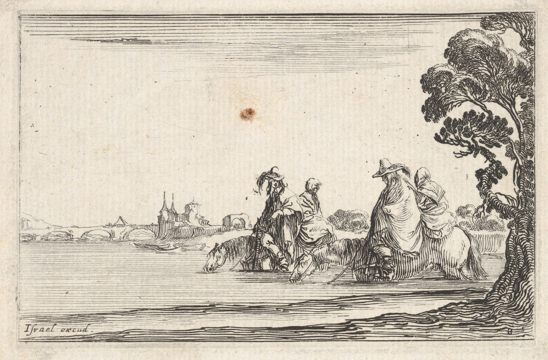 Plate 8: two horsemen in hats at right, each with a woman seated behind them, riding towards the left in profile across a river, a tree at far right, from 'Caprice faict par de la Bella' by Stefano della Bella