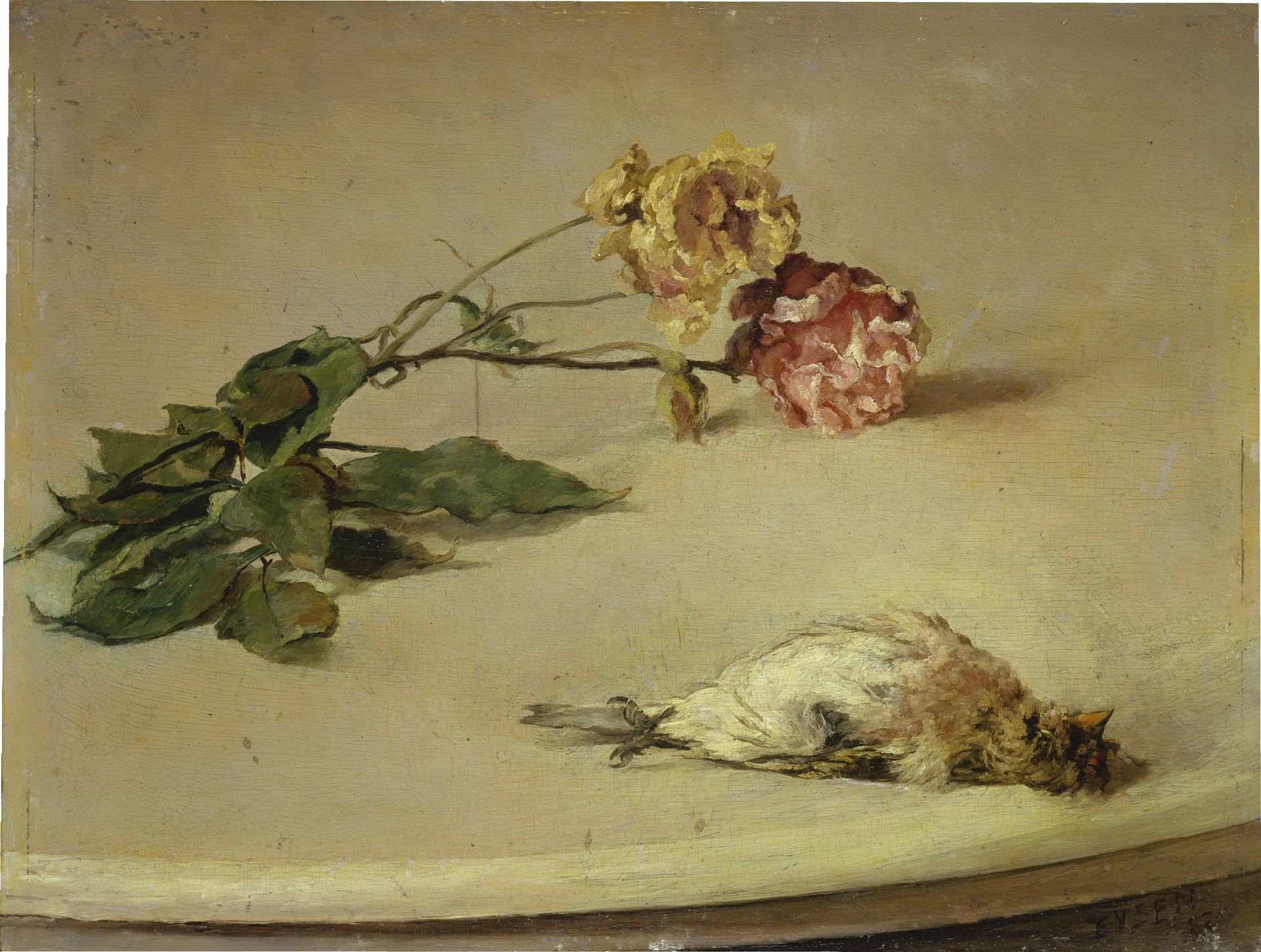 Dead Bird and Two Roses on a Table Board by Louis Eysen