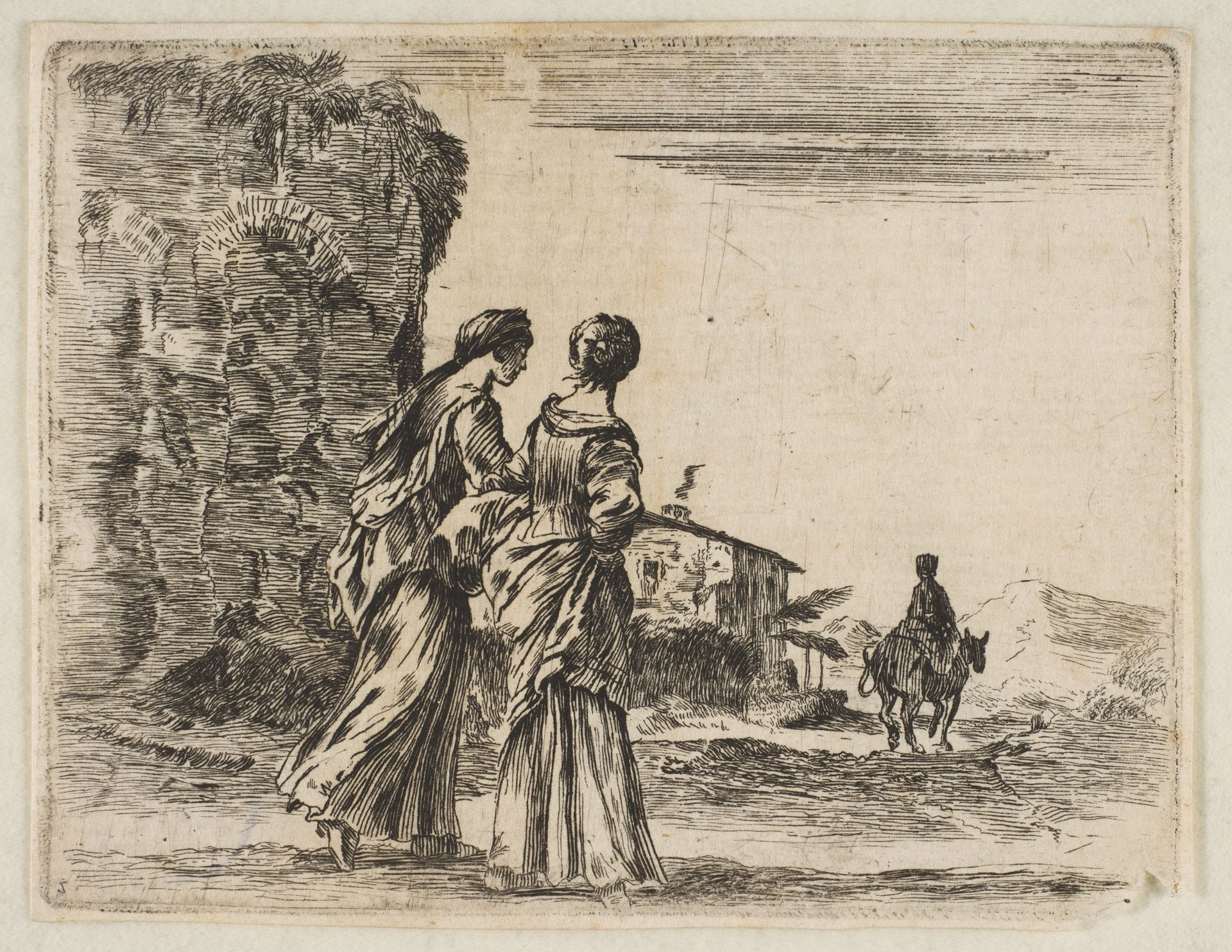 Plate 3: two girls walking towards the right, seen from behind, a woman on a horse to right in background, from "Diversi capricci" by Stefano della Bella