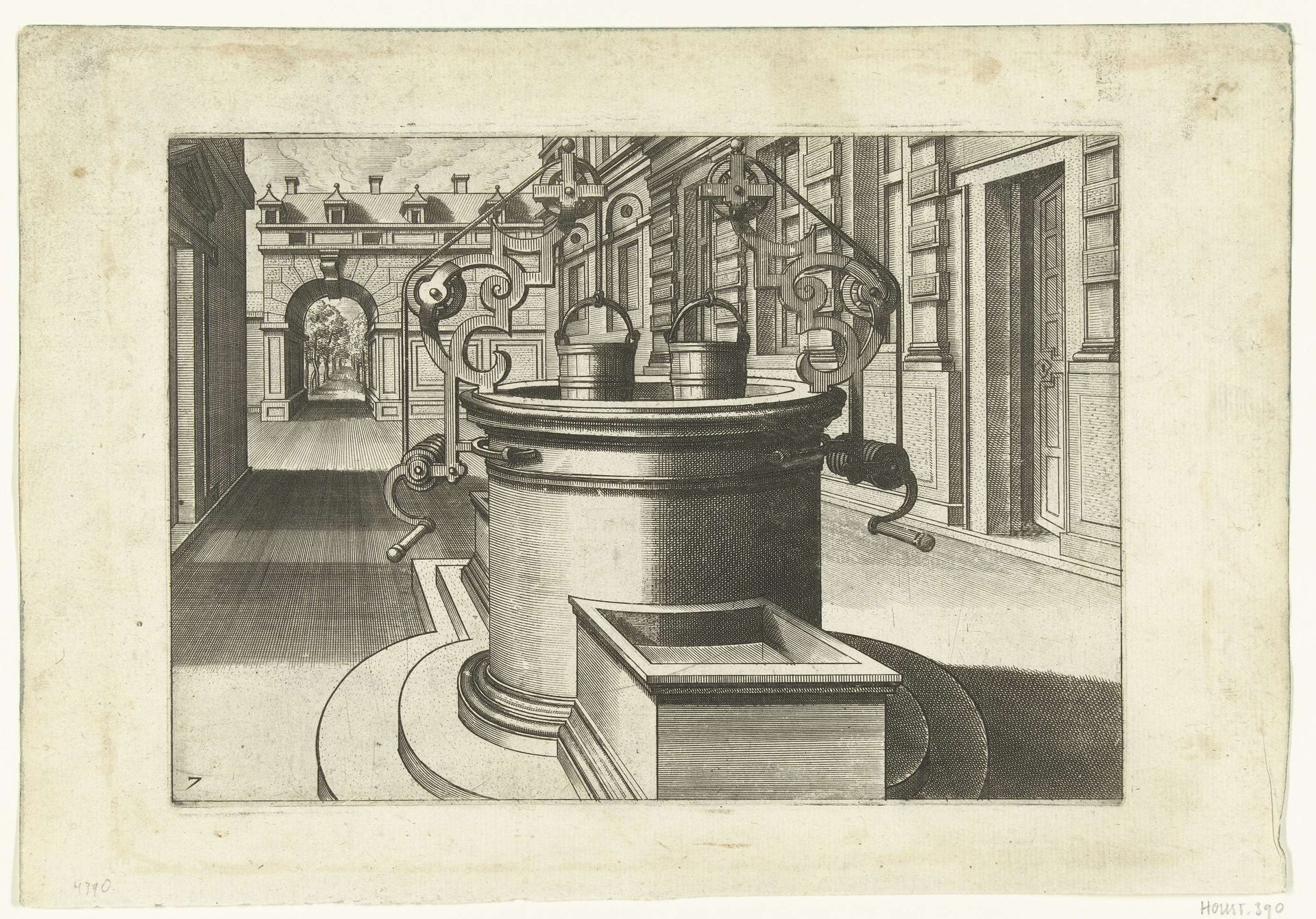 Ronde waterput met twee akers aan een katrol by Johannes of Lucas van Doetechum