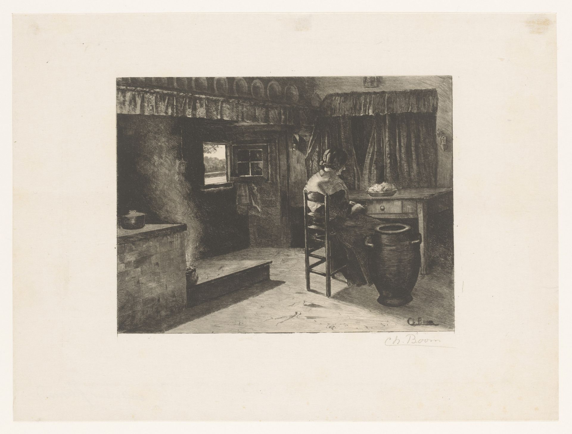 Vlaams interieur met een vrouw aan de keukentafel by Charles Boom