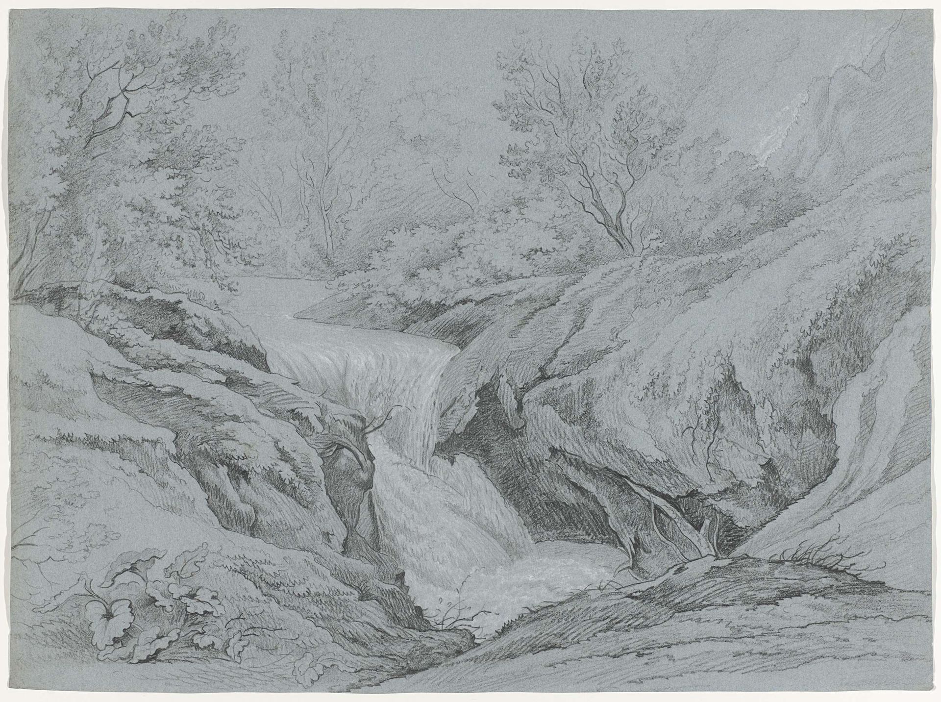 Een waterval in de bergen by Abraham Teerlink