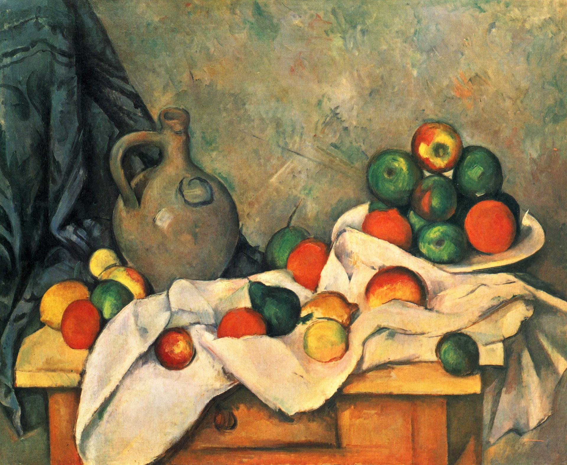 Curtain, Jug and Fruit by Paul Cézanne