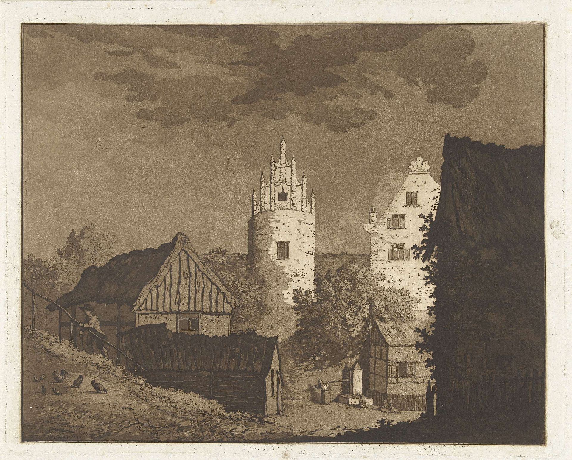 Dorpsgezicht met vrouw bij pomp by Daniël Dupré