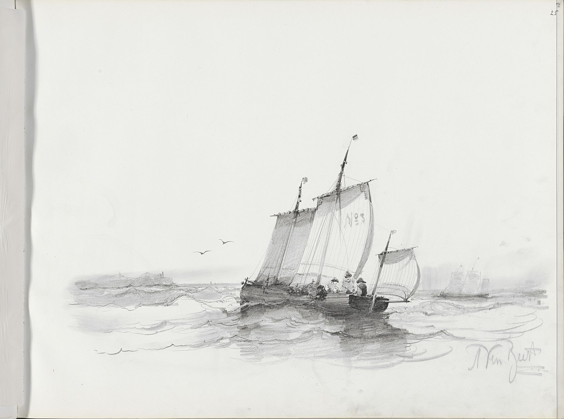 Twee zeilboten met figuren op het water by Albertus van Beest
