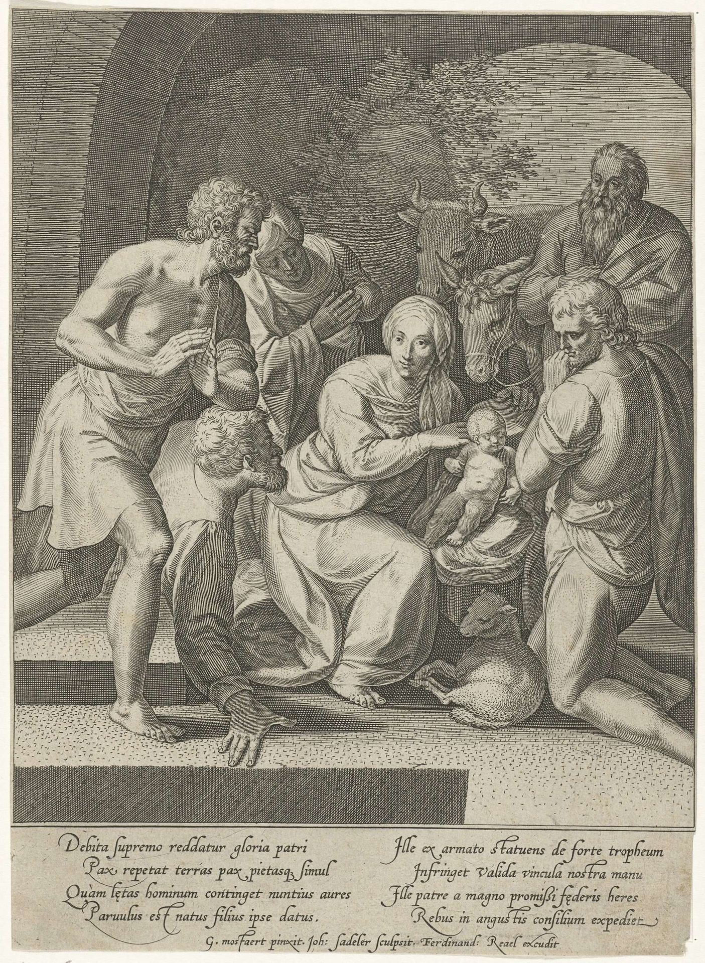 Aanbidding der herders in een nis by Johann Sadeler I