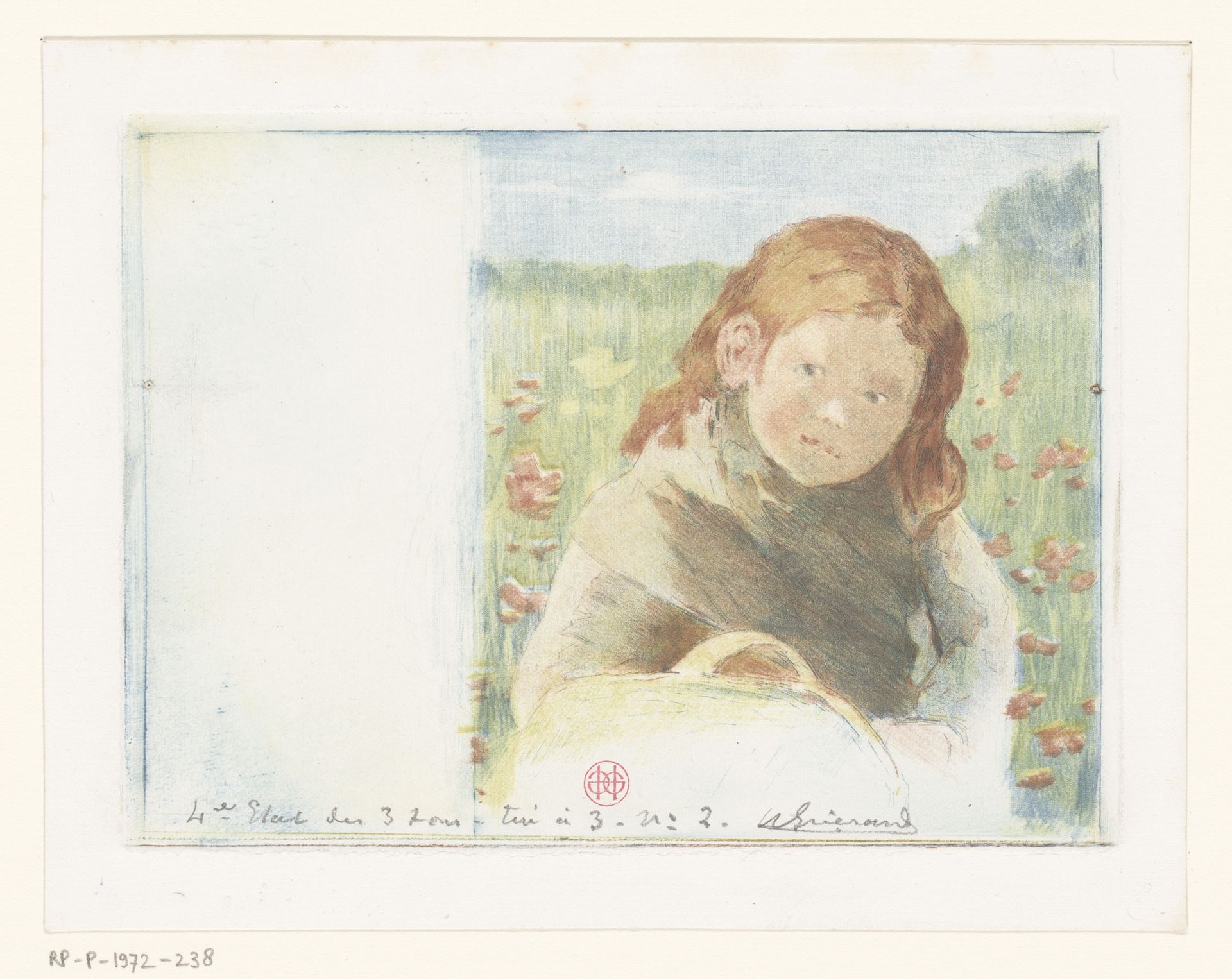 Meisje met mand in een bloemenweide by Henri-Charles Guérard