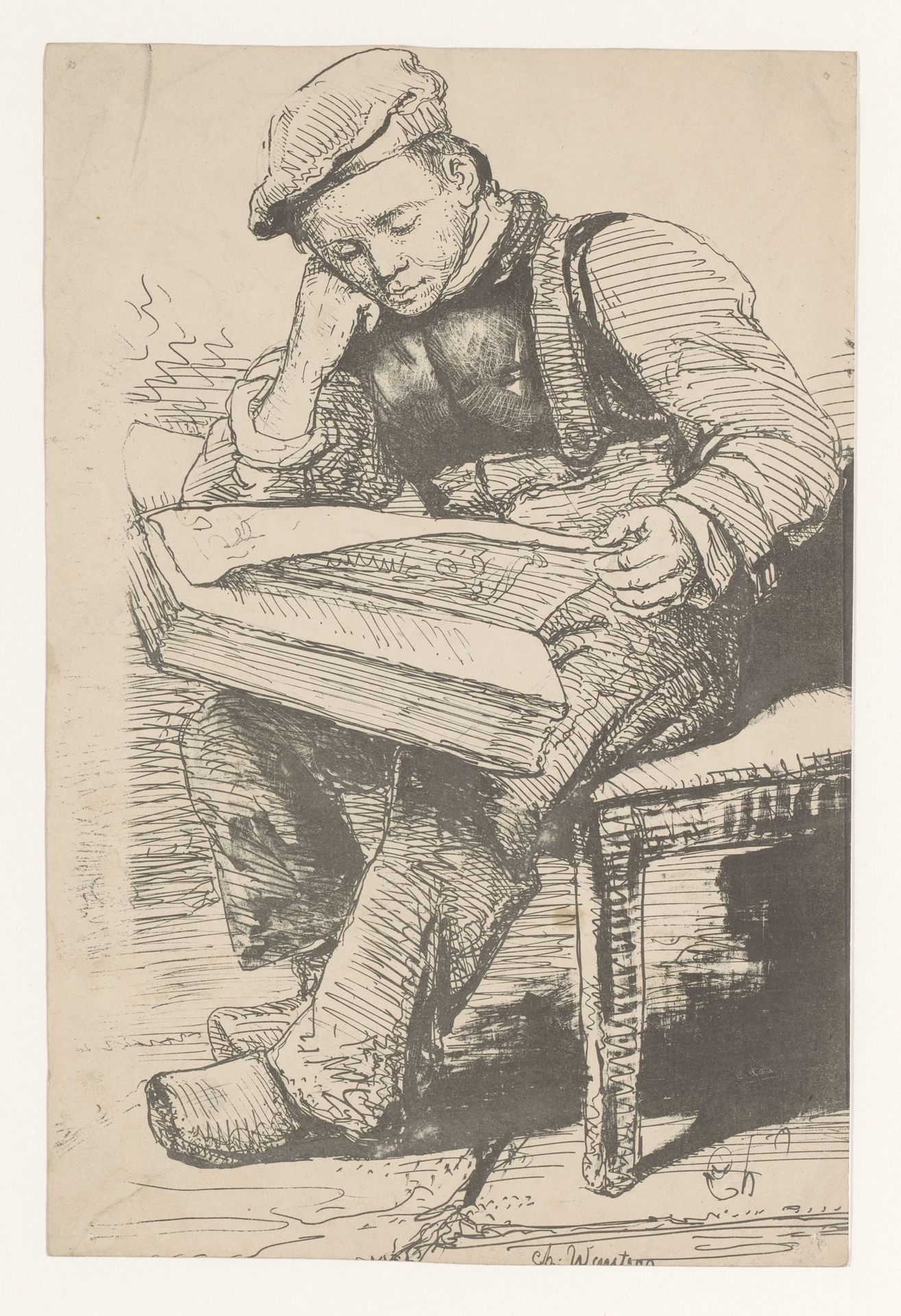 Jongen bladert door een album by Charles Augustin Wauters