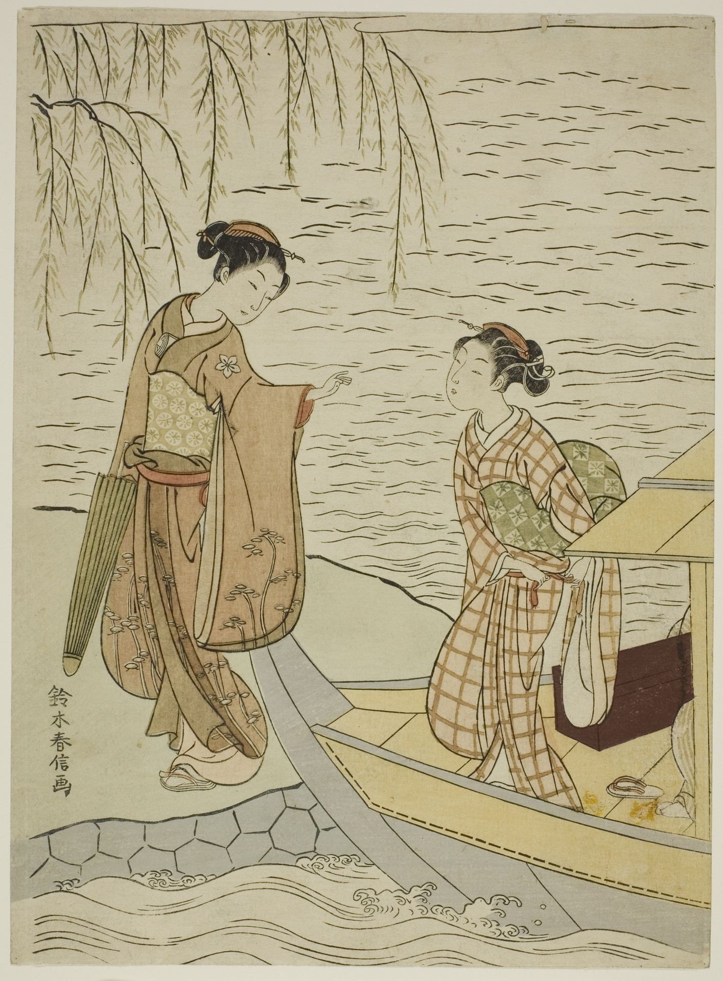 Two Girls Leaving a Boat by Suzuki Harunobu 鈴木春信