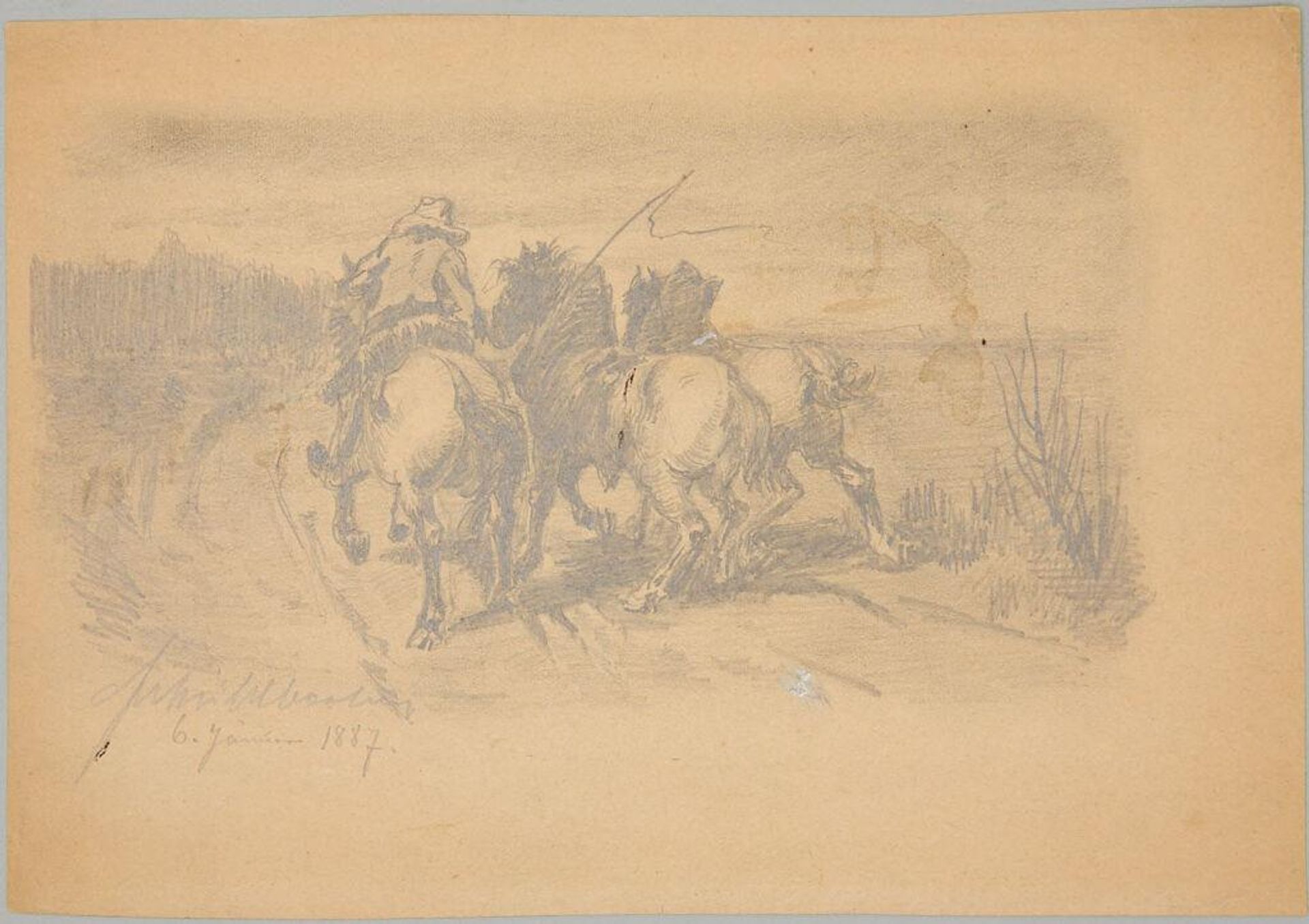 Rider Leading Two Work Horses by Ferdinand MÃ¼hlbacher