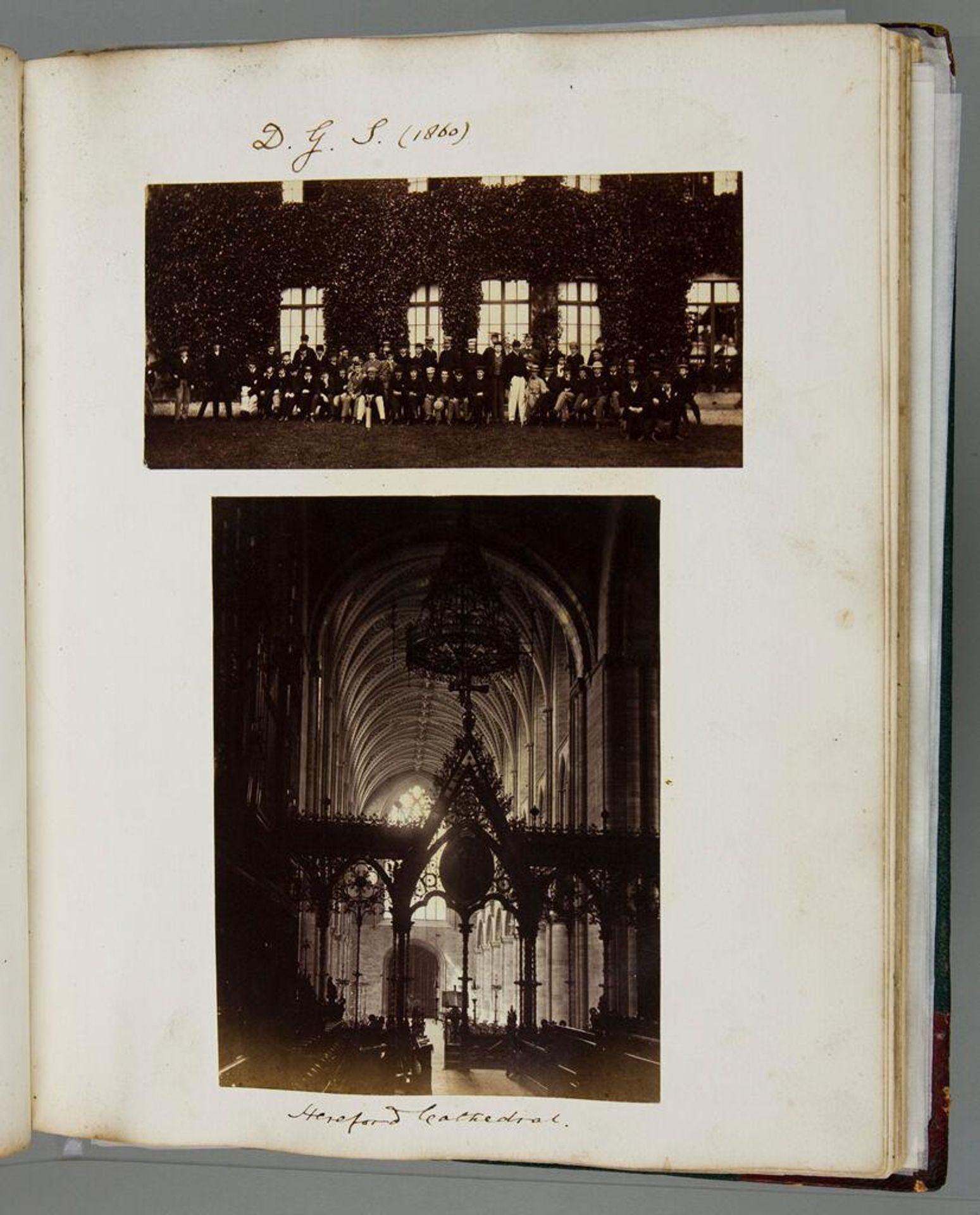 Untitled (top, group photograph labeled D.G.S., 1860; bottom, interior of Hereford Cathedral; verso: top, Balliol College, 1867 with several people at door; bottom, Wantage Vicarage, Berkshire with several figures in foreground) by Iorwerth Grey Lloyd