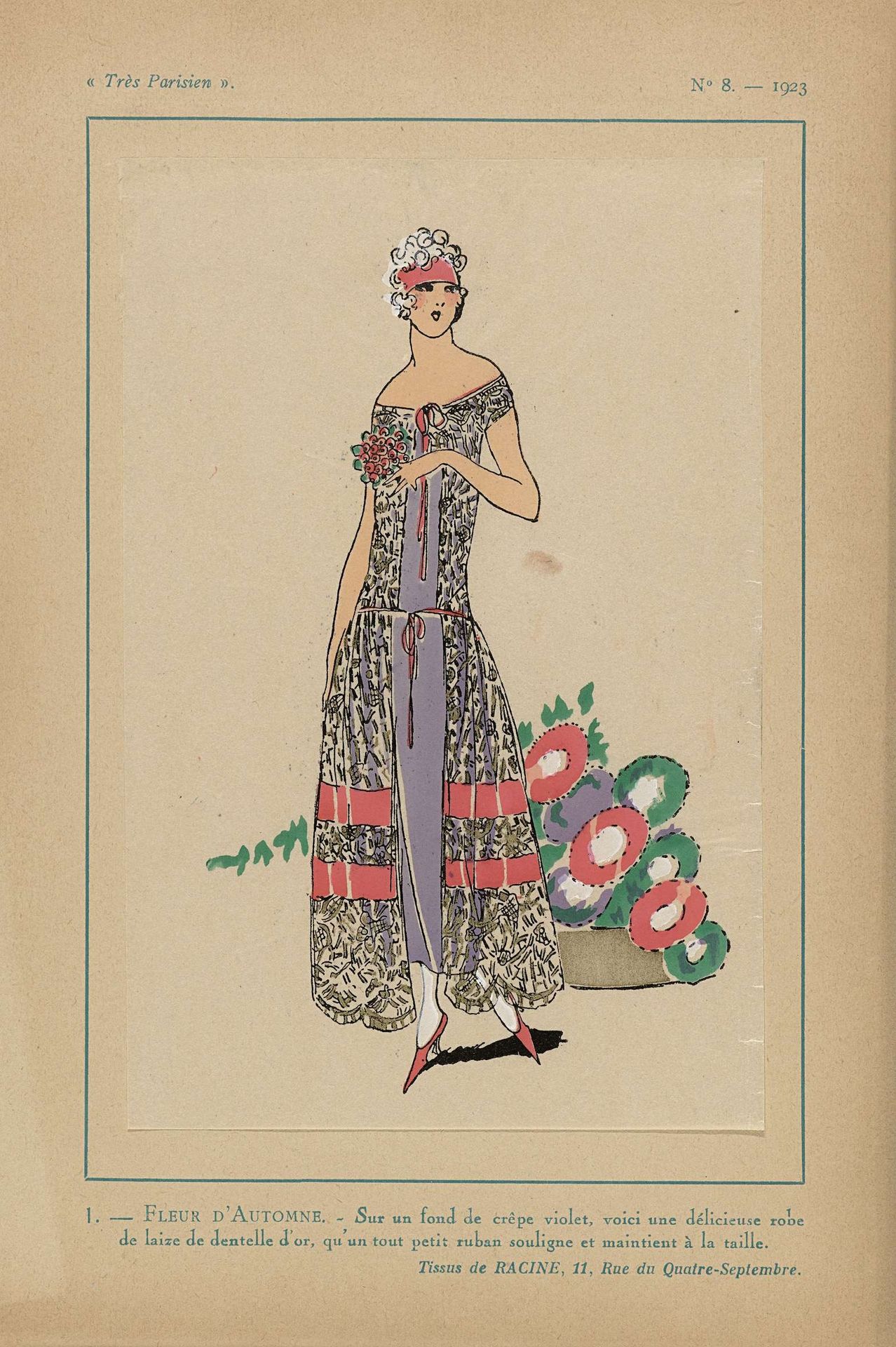 Très Parisien, 1923, No 8: 1 - FLEUR D'AUTOMNE. / Sur un fond de cr&epe violet... by Anonymous