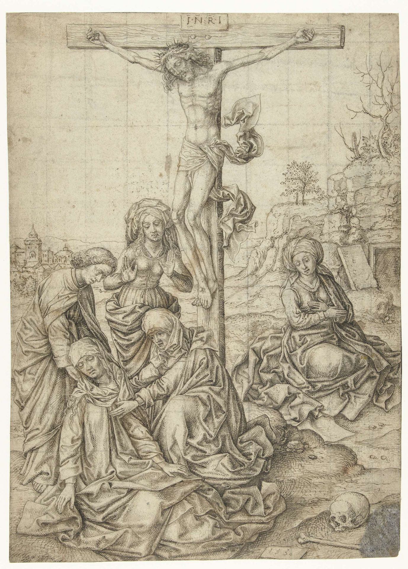 Christus aan het kruis met Johannes, de drie Maria's en Maria Magdalena onder het kruis by Pieter Huys