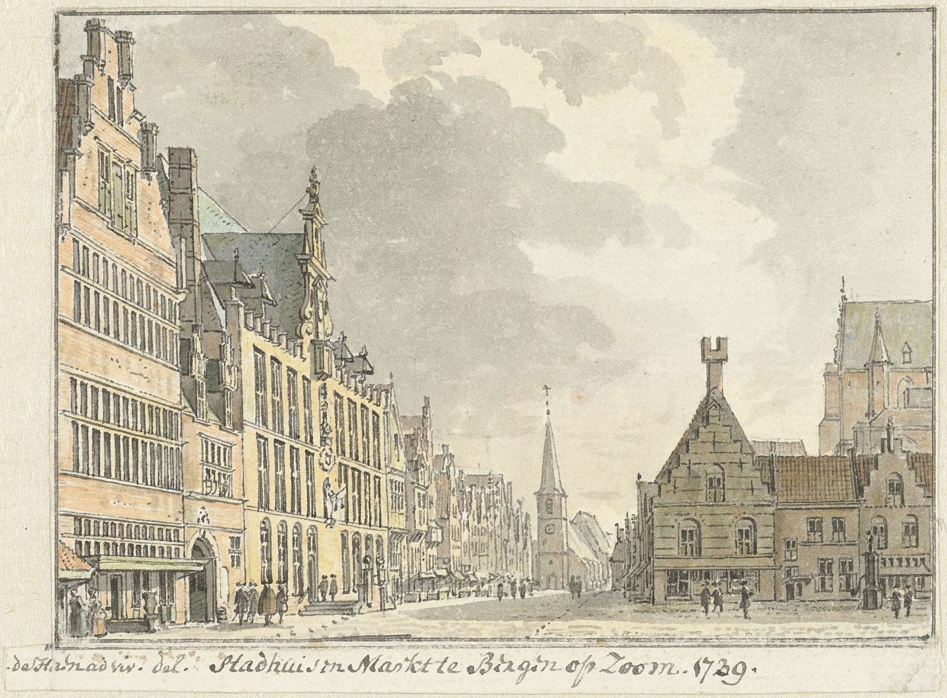 Stadhuis en Markt te Bergen op Zoom by Abraham de (II) Haen