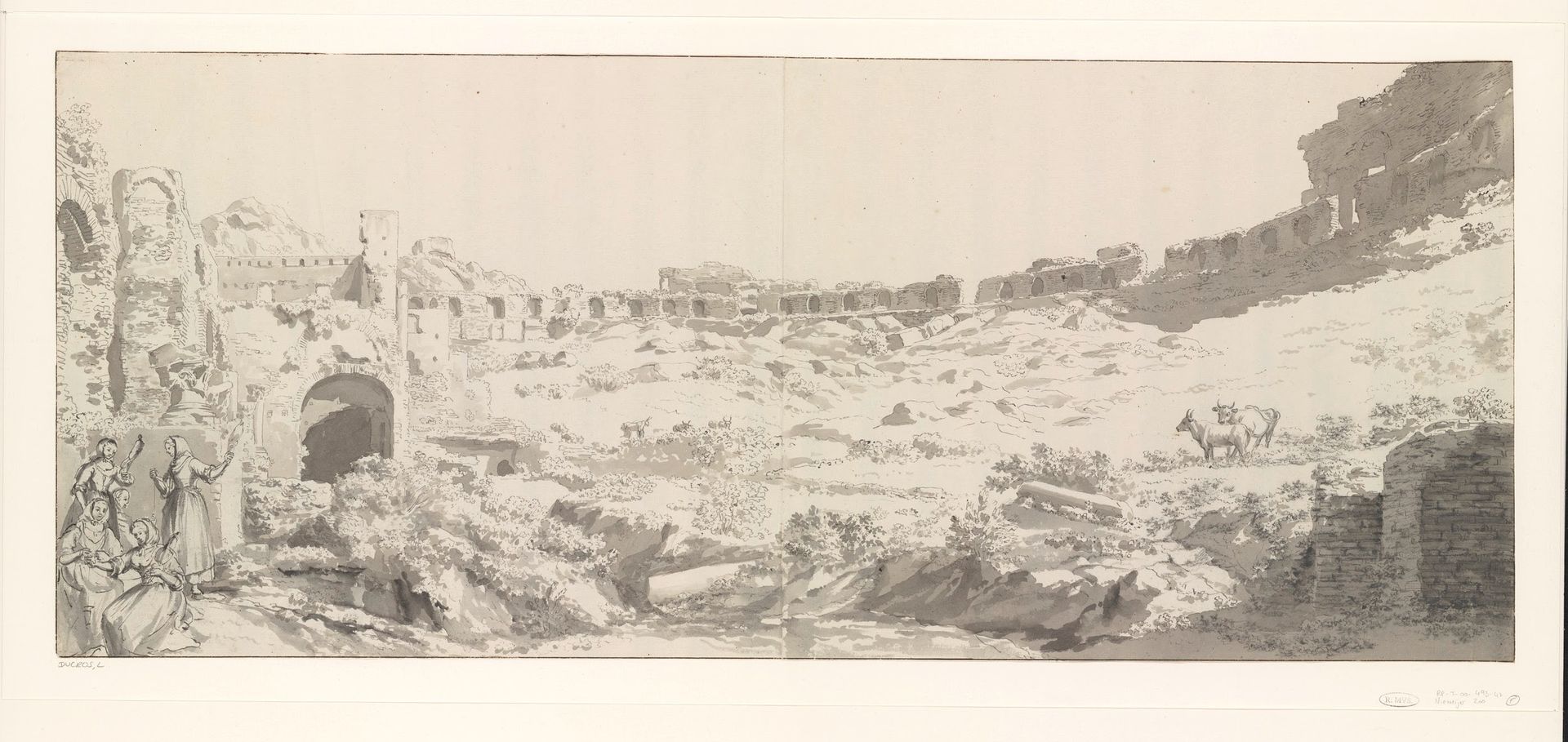 Ronde buitenmuur van het theater van Taormina van binnen gezien vanaf het podium by Louis Ducros