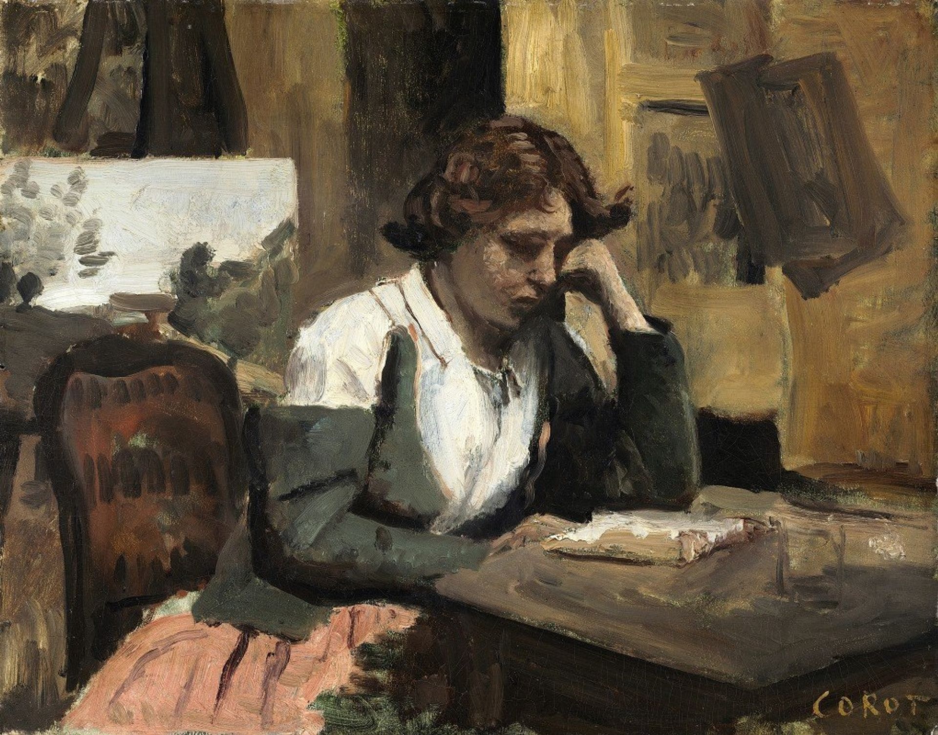 Woman Reading in the Studio by Camille Corot