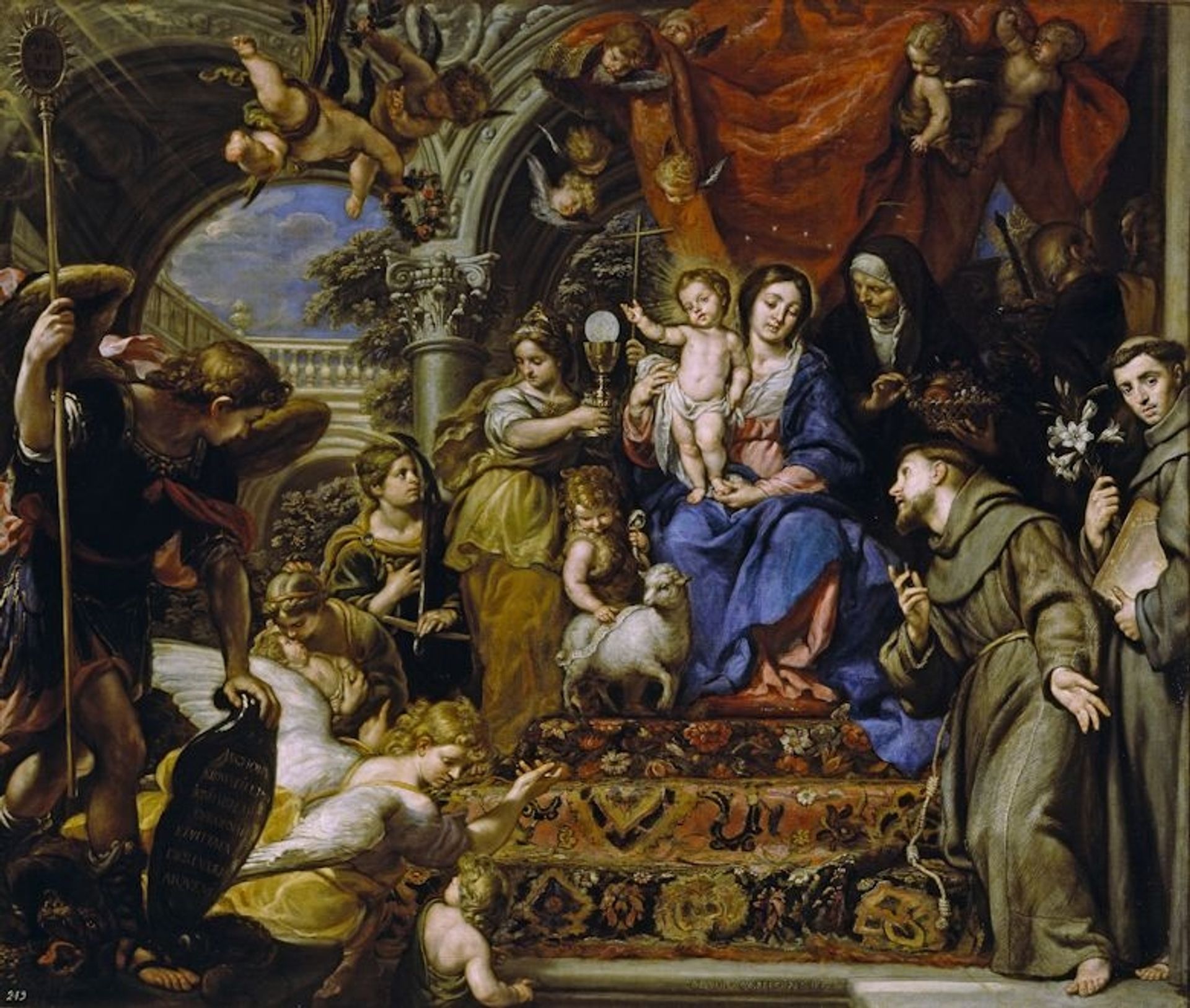 La Virgen con el Niño entre las Virtudes teologales y santos by Claudio Coello
